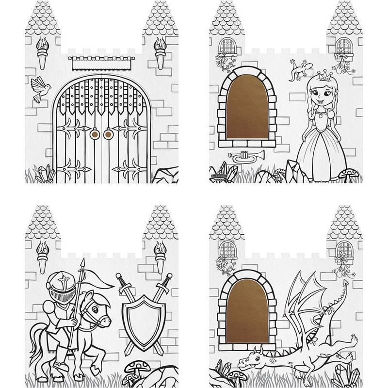 Schloss-thematische Ausmalbilder mit einem Tor, einer Prinzessin, einem Ritter und einem Drachen. Jedes Panel enthält mittelalterliche Details und Designs.