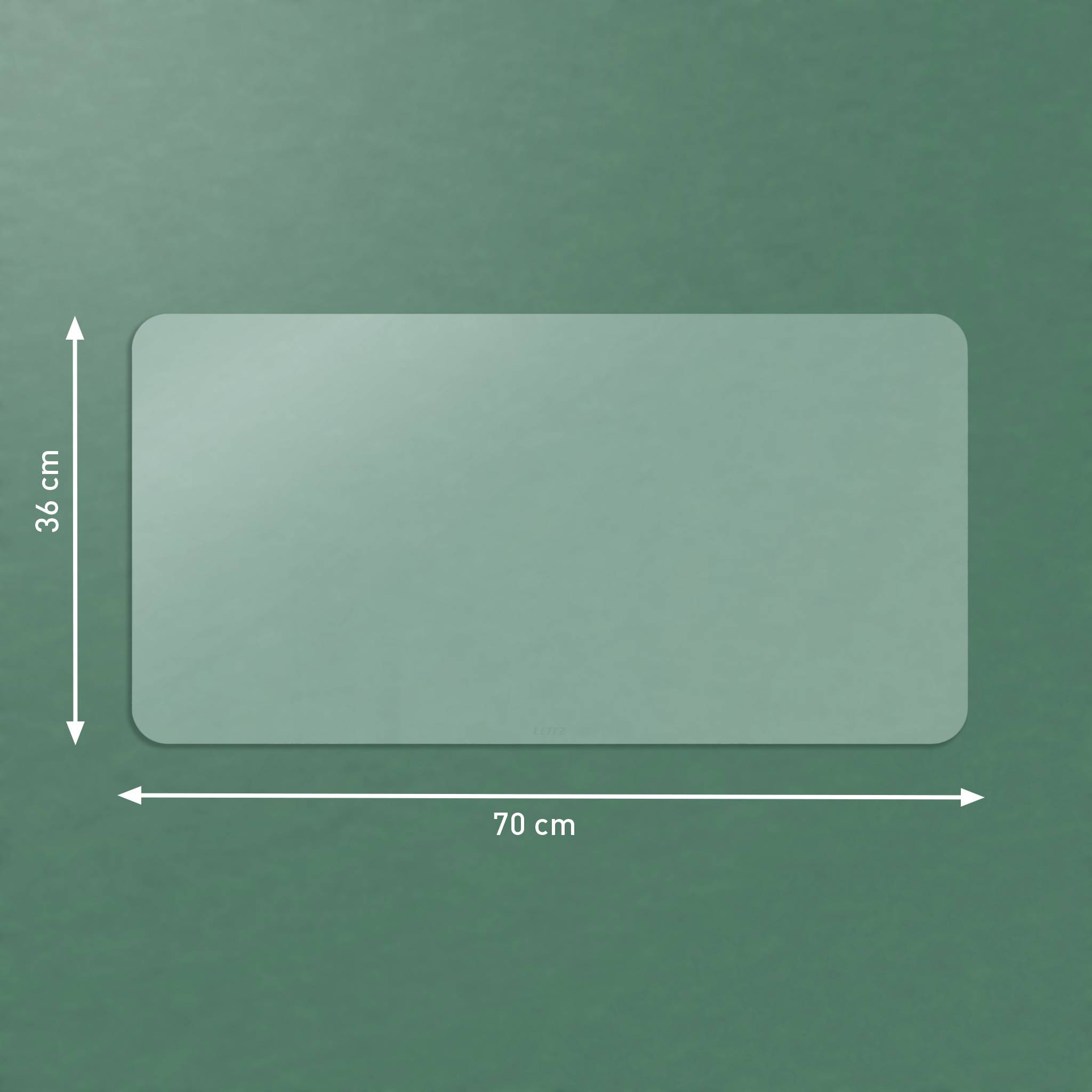 Rechteckige Matte oder Platte mit abgerundeten Ecken, auf grünem Hintergrund dargestellt, mit einer Breite von 70 cm und einer Höhe von 36 cm gekennzeichnet.