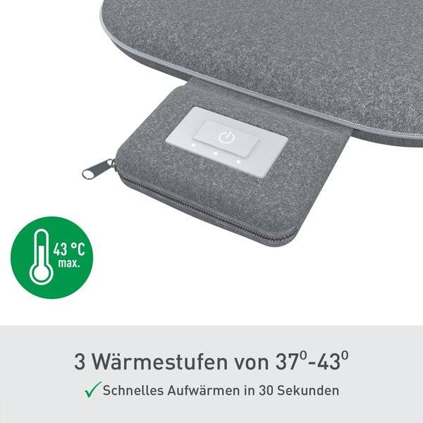 Beheizte Tasche mit Stromschalter und Thermostatsymbol, zeigt 3 Wärmestufen von 37° bis 43° und schnelle 30-Sekunden-Aufwärmung.