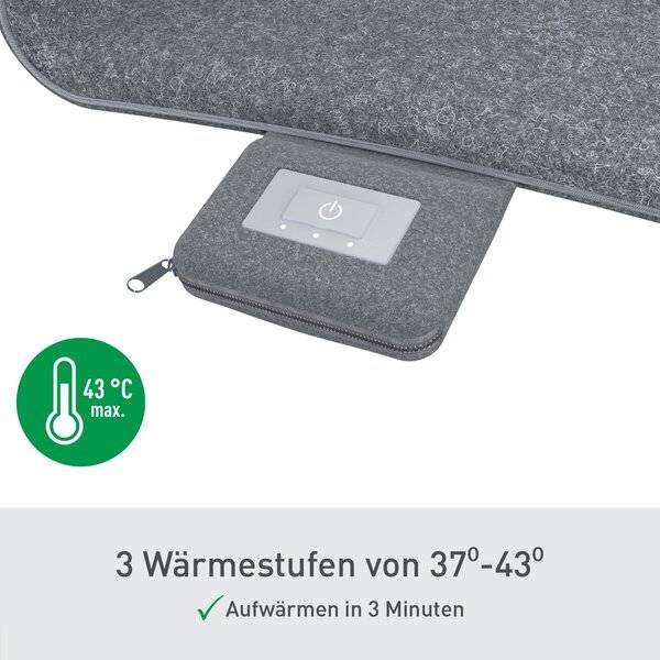 Heizpad mit Regler und Reißverschlusstasche; die Produktgrafik zeigt 3 Wärmestufen von 37° bis 43° und eine Aufwärmzeit von 3 Minuten.