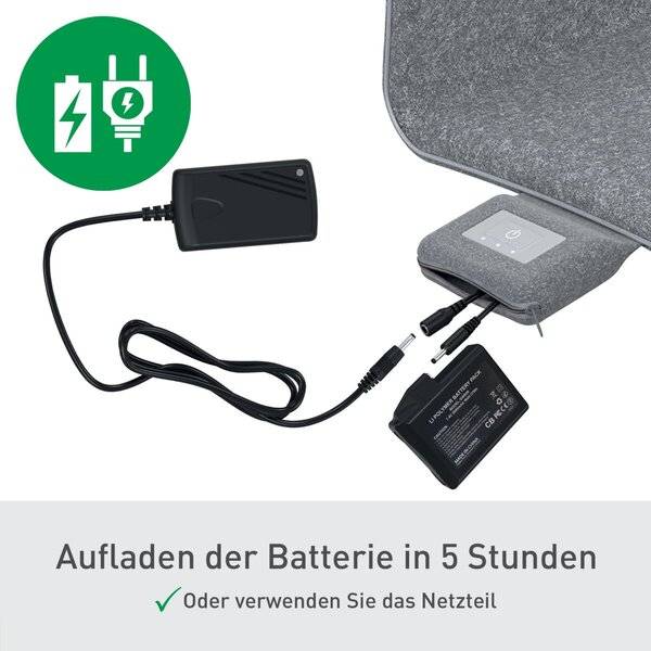 Tragbares Ladegerät und Akkupack in einer Tragetasche verbunden, mit deutschem Text, der besagt „Aufladen der Batterie in 5 Stunden