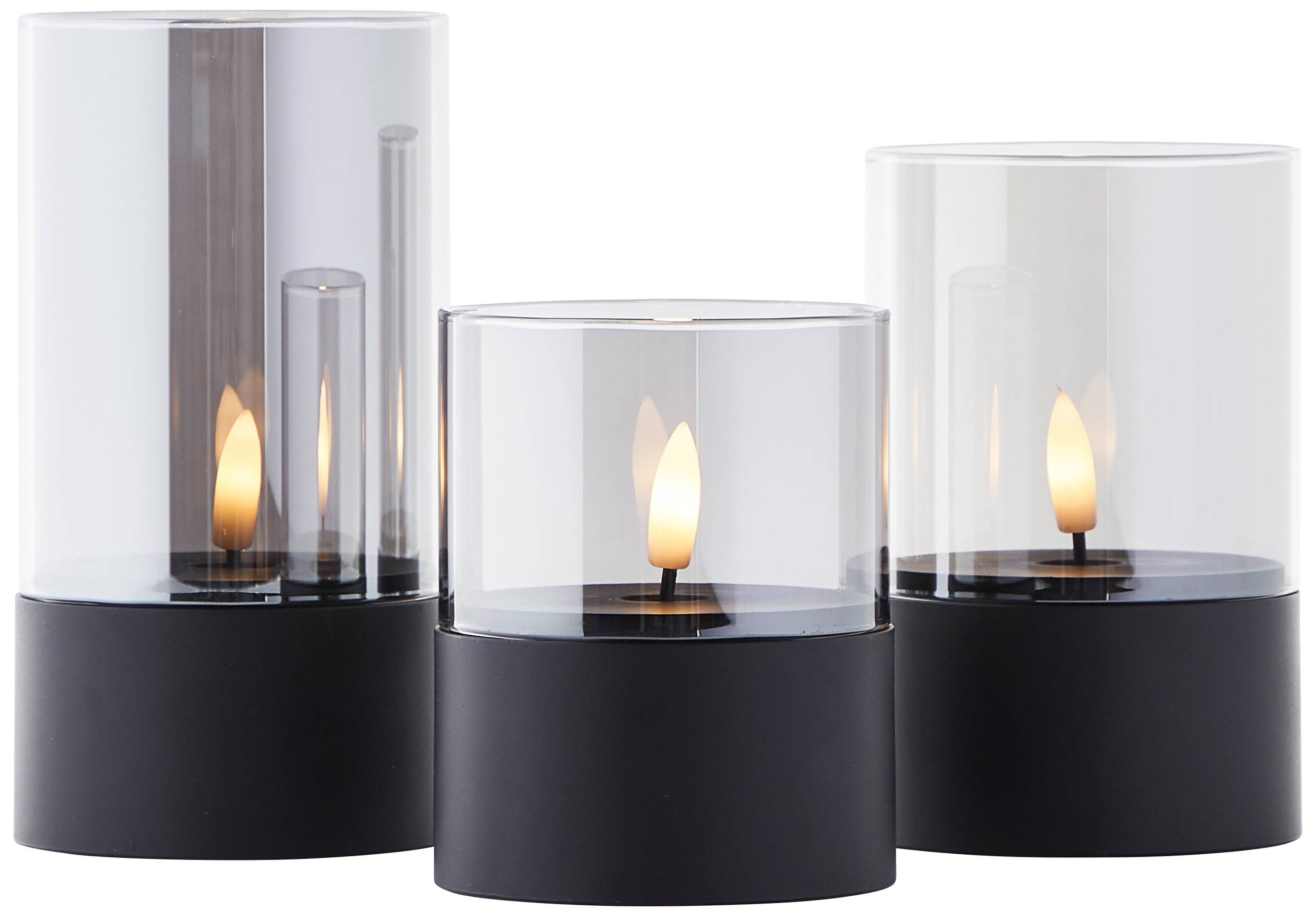 BRILLIANT LED-Kerzen, Ø 8 cm, Rauchglas, 10/12,5/15 cm, schwarz, 3er-Set