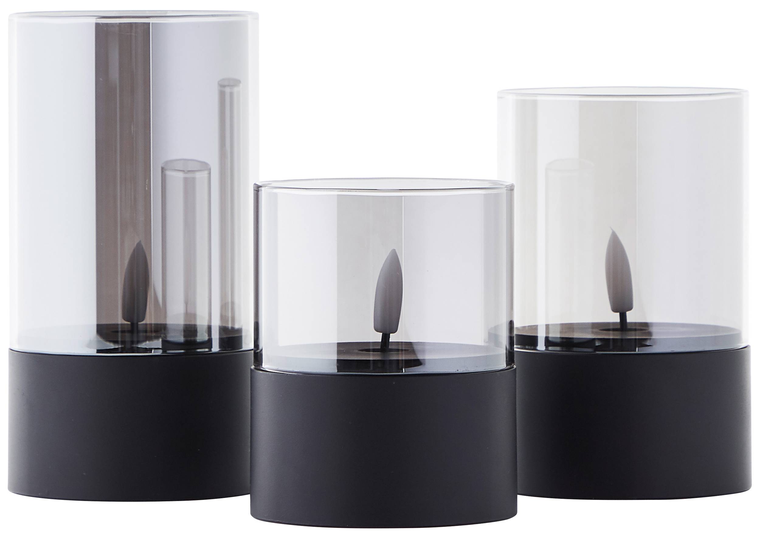 BRILLIANT LED-Kerzen, Ø 8 cm, Rauchglas, 10/12,5/15 cm, schwarz, 3er-Set