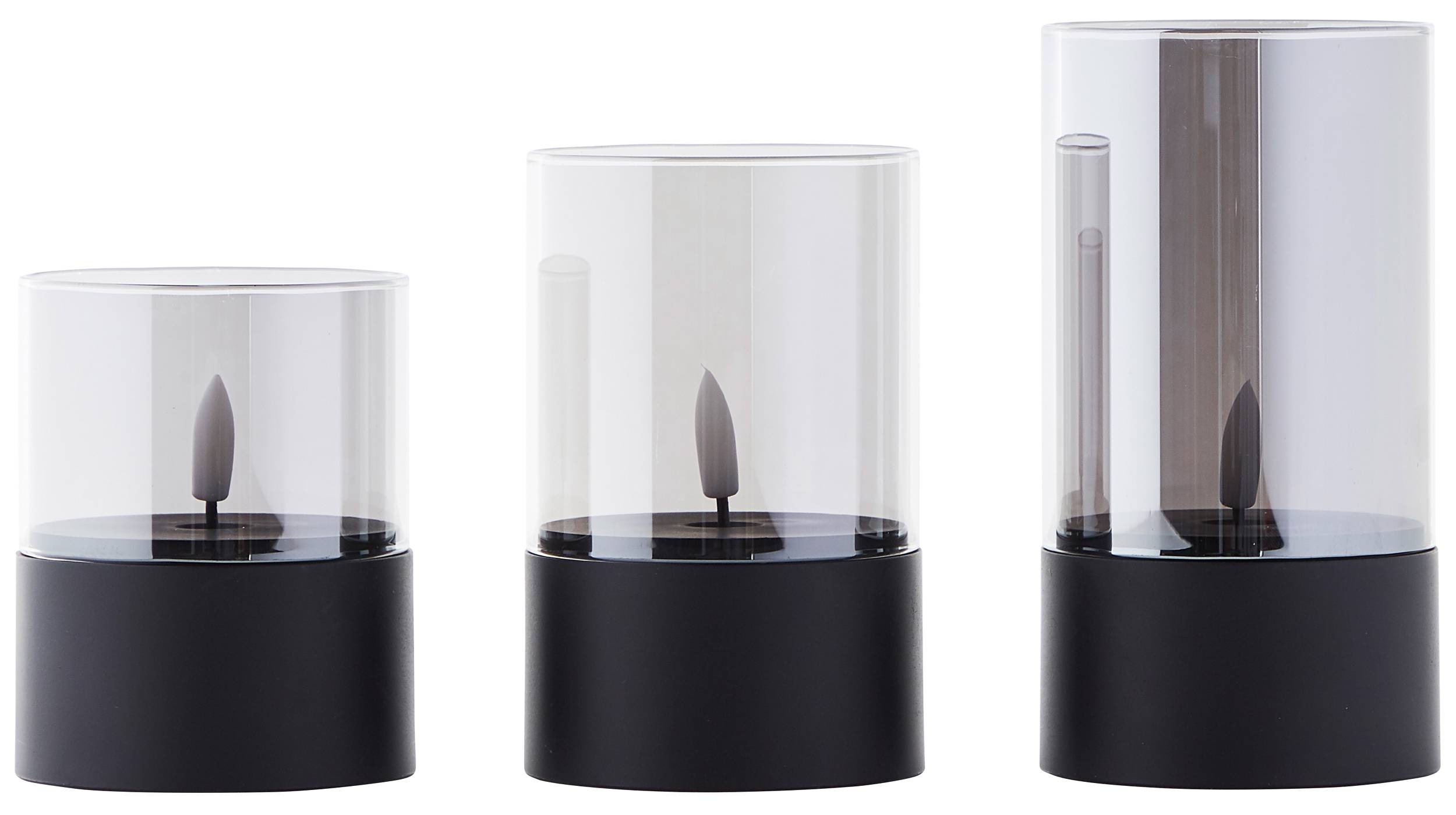 BRILLIANT LED-Kerzen, Ø 8 cm, Rauchglas, 10/12,5/15 cm, schwarz, 3er-Set