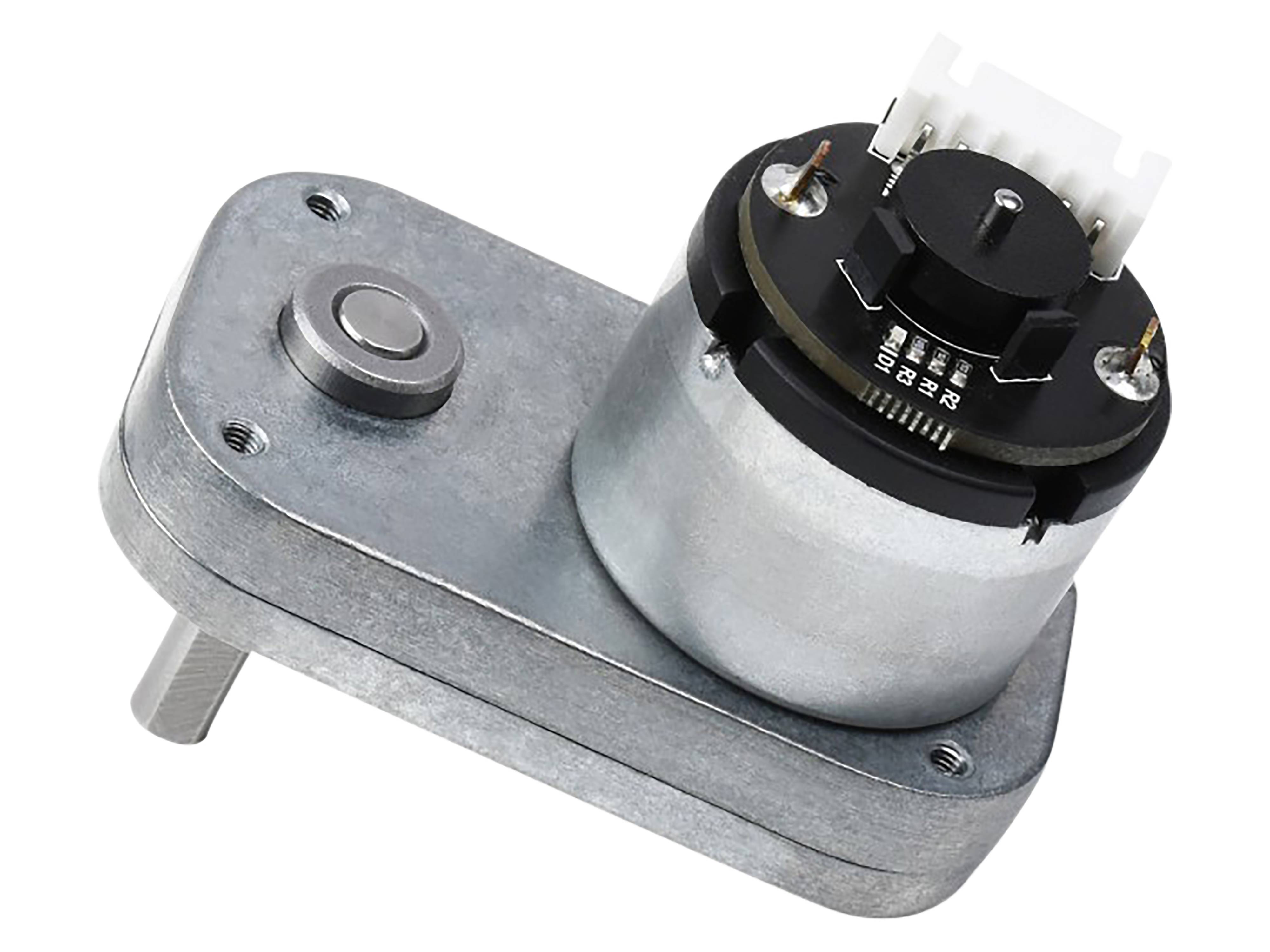 Ein metallischer Schrittmotor mit einem silbernen Gehäuse und einer schwarzen rotierenden Komponente, ausgestattet mit kleinen Anschlüssen und Schrauben an einer Befestigungshalterung.