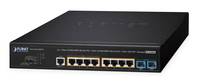Ein rechteckiger schwarzer Netzwerk-Switch mit acht Ethernet-Ports, einschließlich zwei blauen Ports auf der rechten Seite, aus der Frontalperspektive betrachtet.