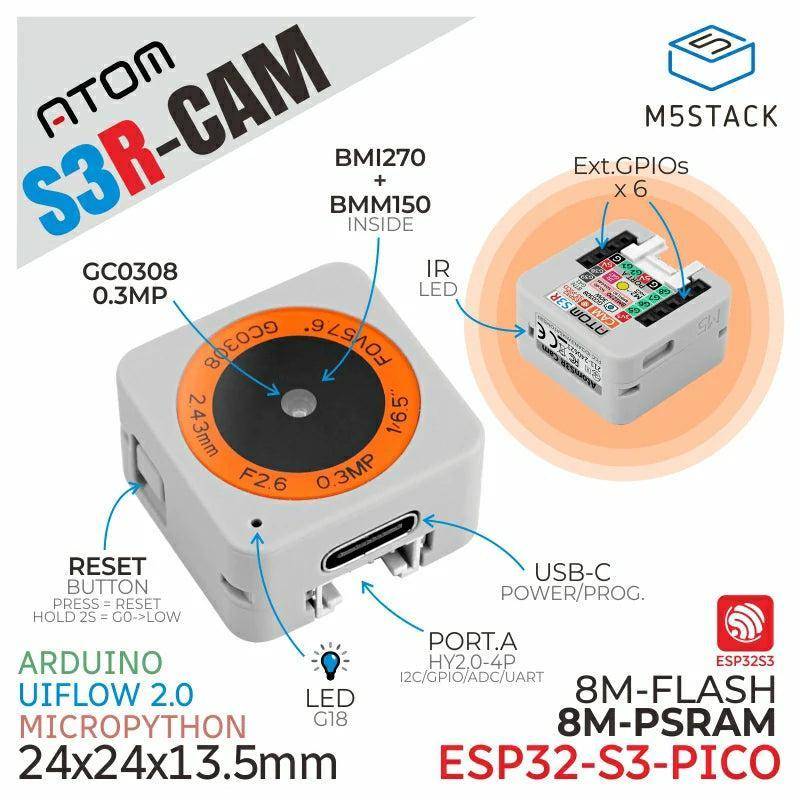 M5Stack ATOMS3R Kamerakit, 8MB PSRAM, 0,3MP, ESP32-S3, IR, Sensorik, UVC, USB-C, 5V