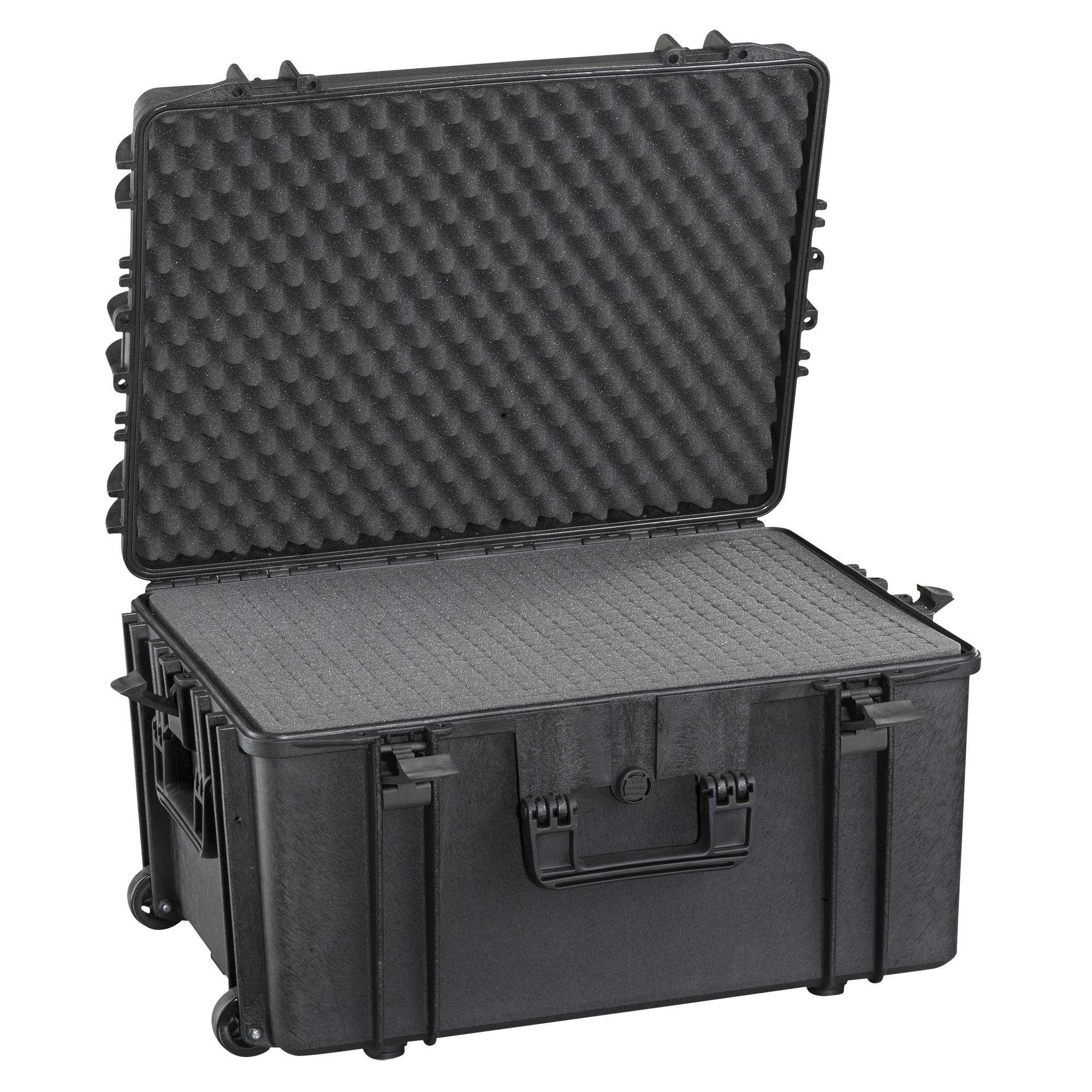 Ein offener schwarzer Hartschalenkoffer mit gepolsterter Schaumstoffauskleidung, entwickelt zum Schutz empfindlicher Ausrüstung während des Transports.