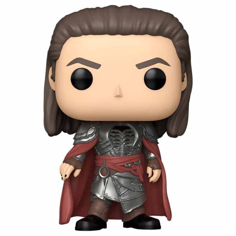 Eine Vinylfigur mit langen braunen Haaren, die eine detaillierte mittelalterliche Rüstung mit einem roten Umhang trägt. Die Figur hat einen ernsten Gesichtsausdruck.
