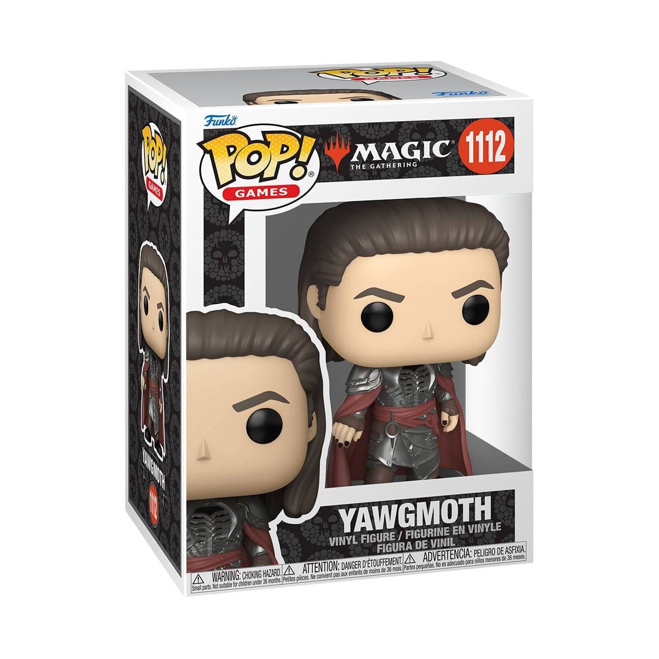 Eine 'Magic: The Gathering' Funko Pop! Figur von Yawgmoth in einer Schachtel, die den Charakter in einem detaillierten Outfit mit einer autoritären Haltung präsentiert.