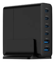 Eine schwarze Ladestation mit sechs USB-Anschlüssen, die vertikal an der Seite übereinander angeordnet sind.