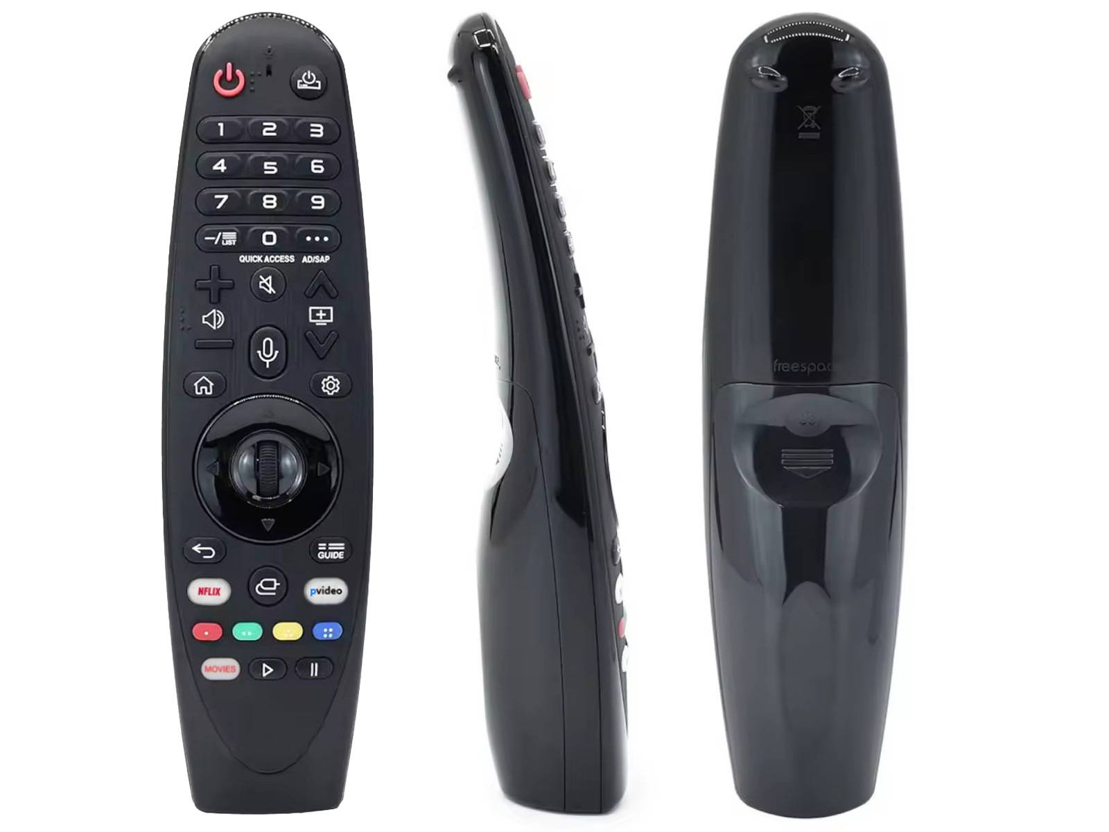 Intelligente Fernbedienung für Smart-TV mit Navigationstasten, Nummernfeld und dedizierten Schaltflächen für Streaming-Dienste, von drei Seiten dargestellt.