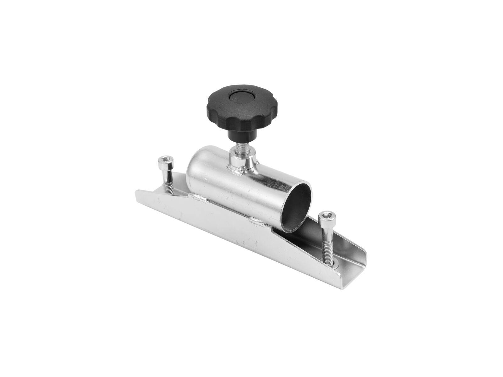 Eine verstellbare Metallgehrungsmesser-Führung mit einem schwarzen Knopf oben, die verwendet wird, um Materialien für präzise Schnitte in bestimmten Winkeln zu stabilisieren.