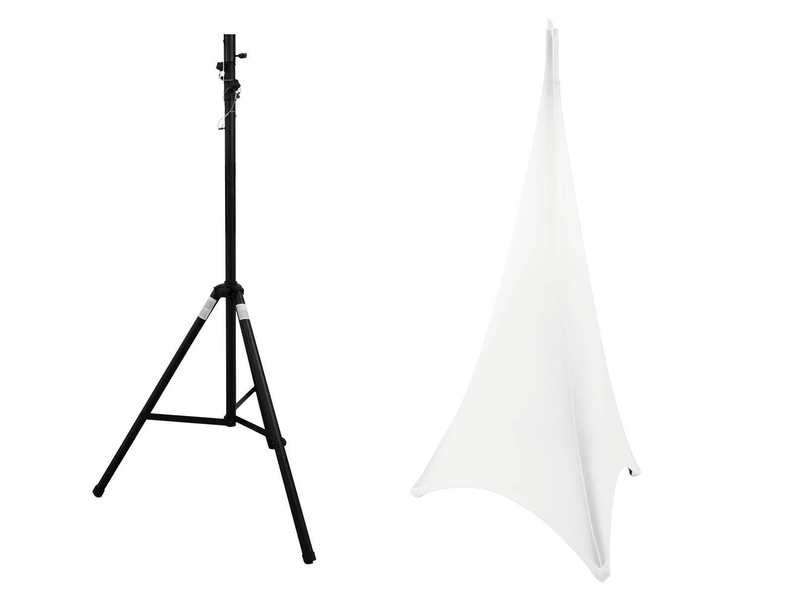 Ein schwarzes Stativ steht neben einer weißen Stoffabdeckung, wahrscheinlich für Veranstaltungen oder Fotografie-Aufstellungen verwendet.