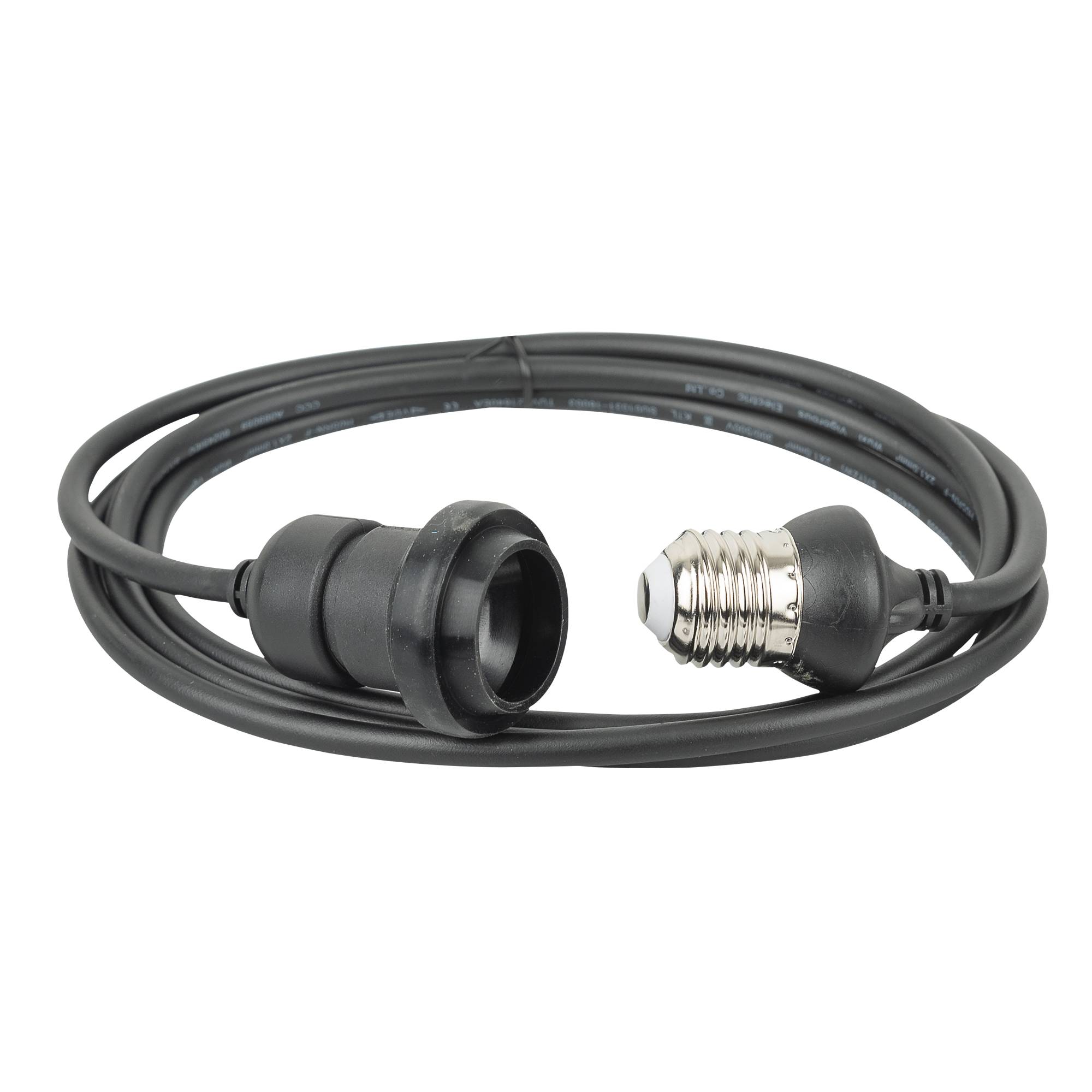 Ein schwarzes Kabel mit einer E26-Lampenfassung und einer kreisförmigen Befestigung ist aufgerollt und vor einem schwarzen Hintergrund platziert.