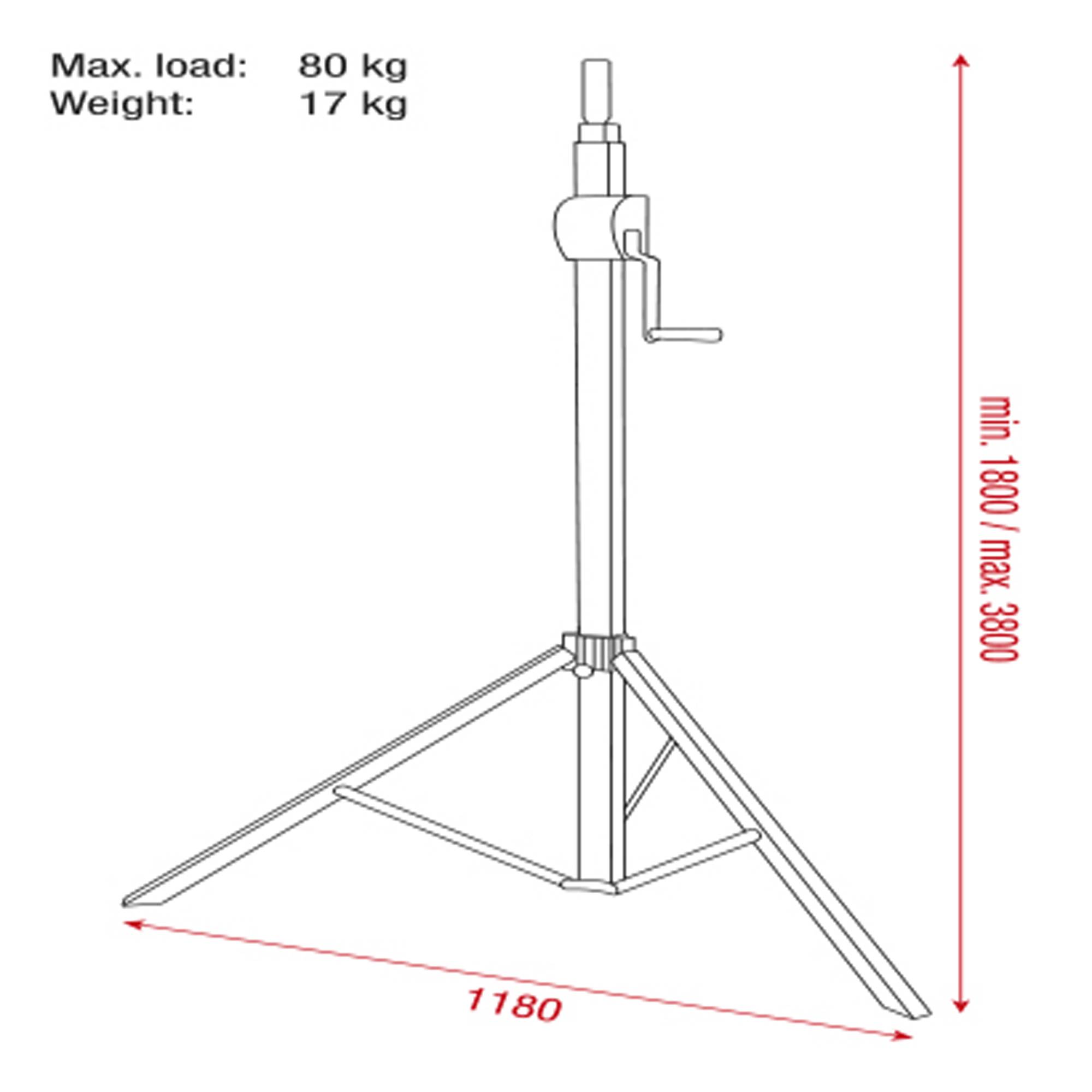 Diagramm eines Lichtständers mit Details zu den Abmessungen: Höhe min. 1800 mm, max. 3800 mm; Basis 1180 mm. Maximale Belastung 80 kg, Gewicht 17 kg.