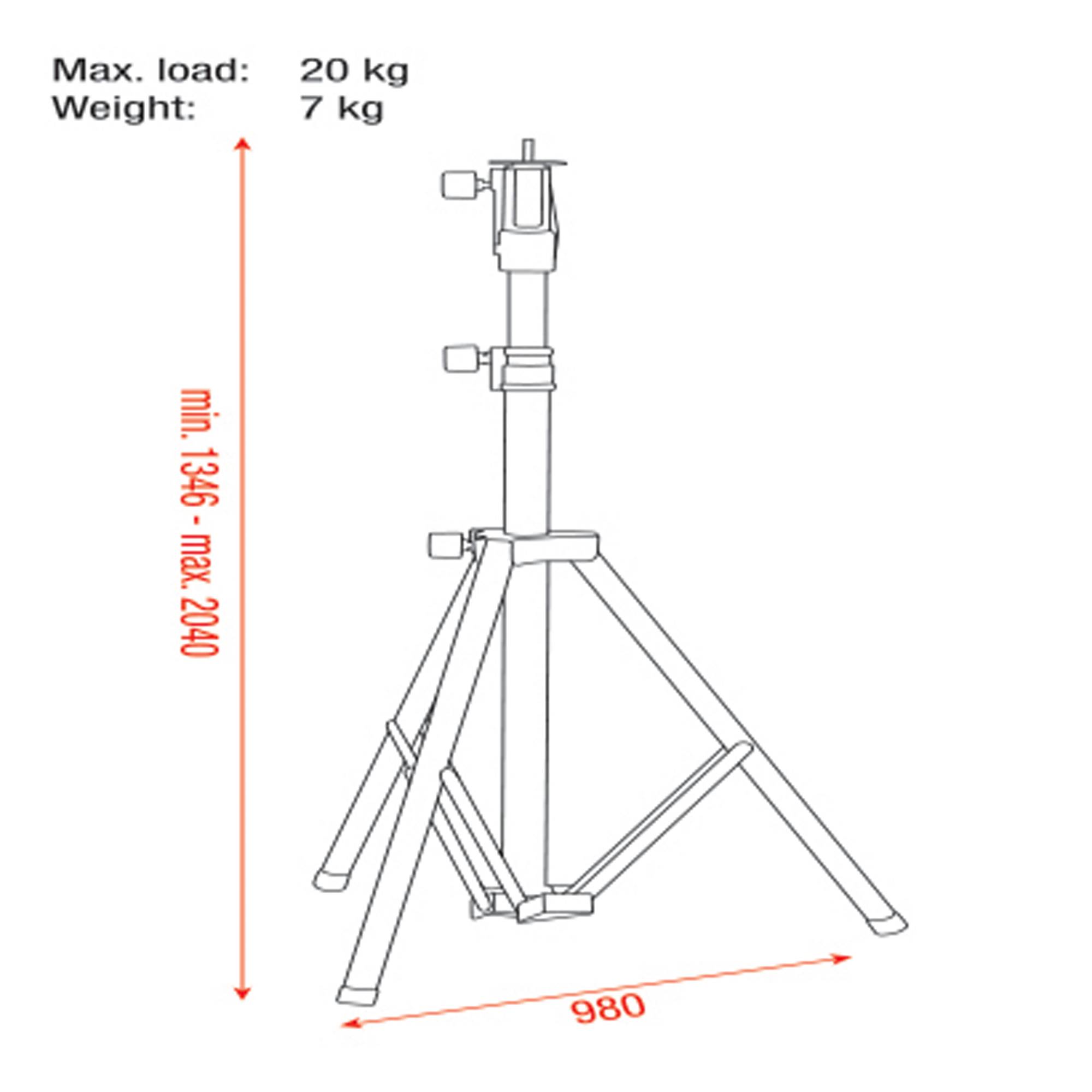 Eine Skizze eines Stativständers mit Spezifikationen: maximale Belastung 20 kg, Gewicht 7 kg, verstellbare Höhe 1346-2040 mm, Basisbreite 980 mm.