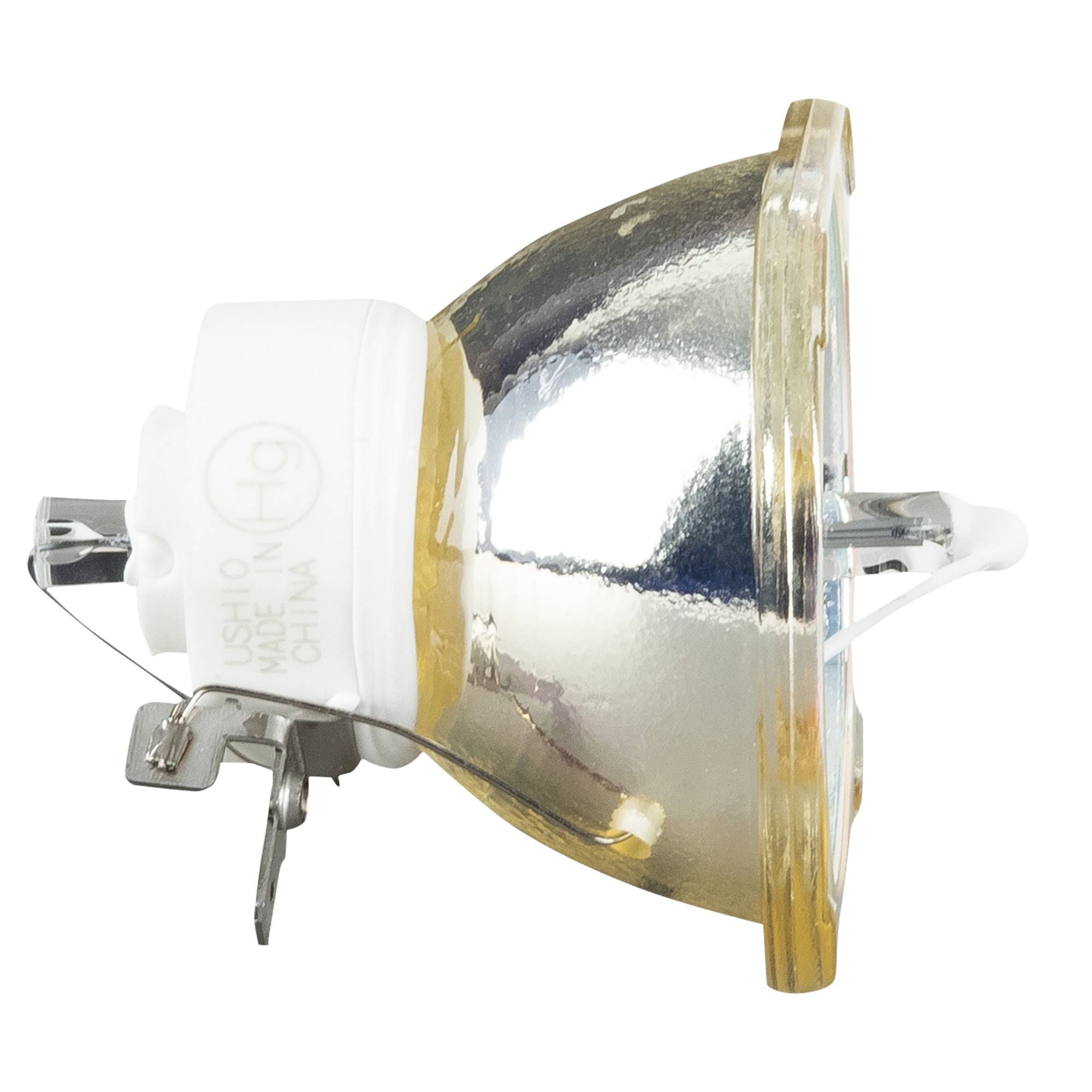 Eine Nahaufnahme einer Halogenlampe mit reflektierender Oberfläche, konzipiert für Spotbeleuchtung. Die Basis ist weiß, und die Glühbirne ist metallisch.