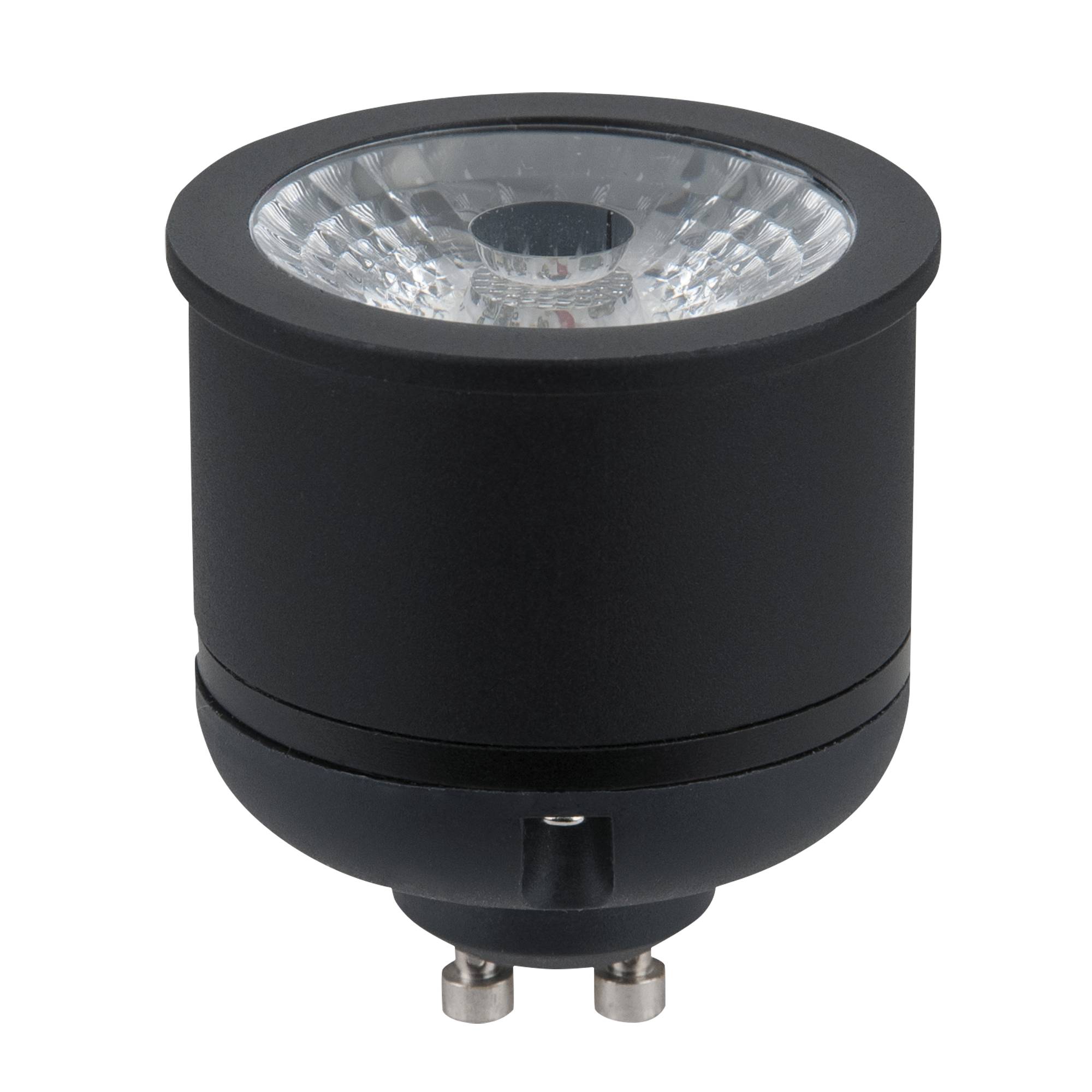 Eine schwarze LED-Spotlampe mit reflektierender Metallinnenseite, konzipiert für GU10-Sockel, vor einem schwarzen Hintergrund präsentiert.