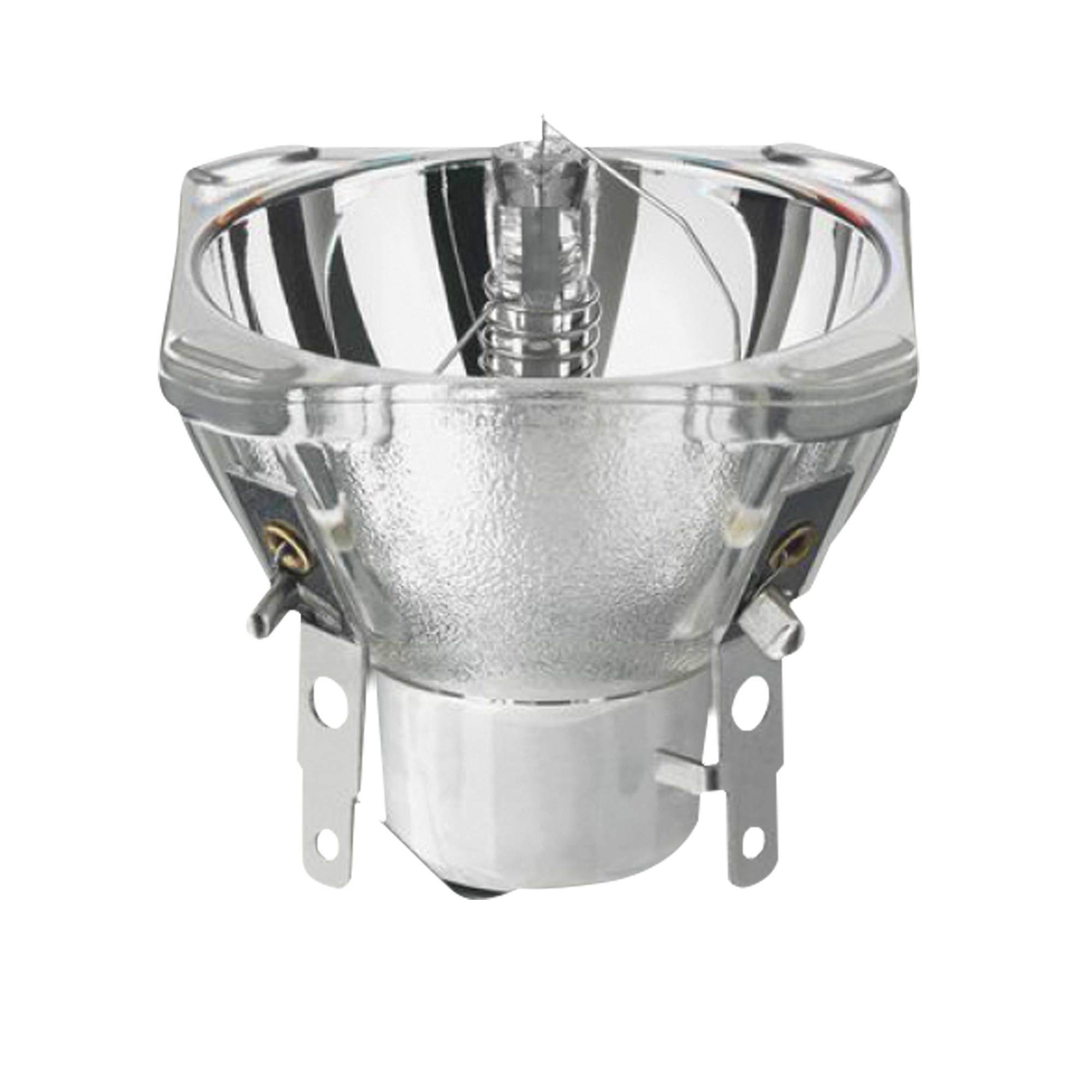 Eine Halogenlampe mit reflektierender Innenfläche und Metallkontakten an der Basis, vor einem schwarzen Hintergrund.