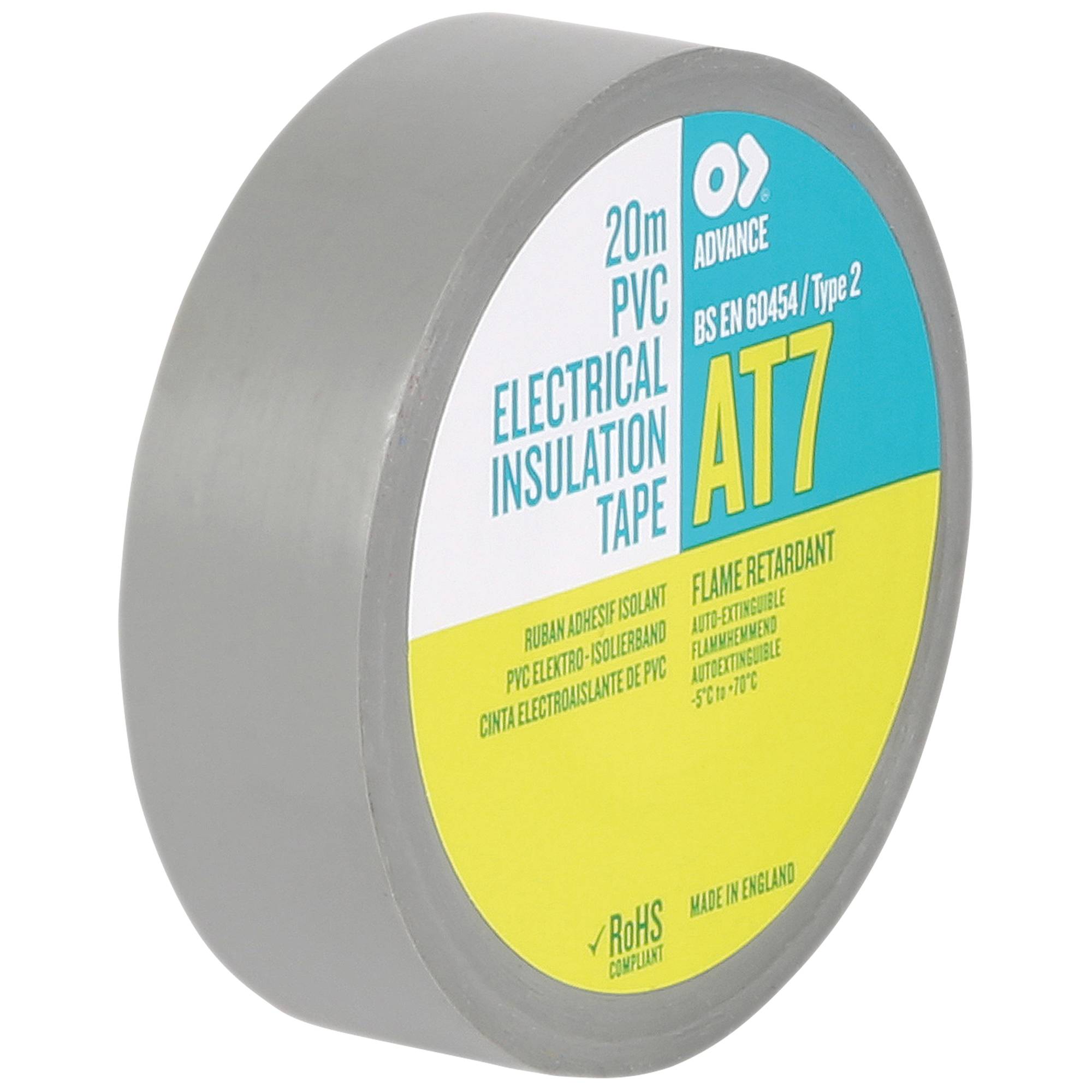 Elektroisolierband AT7, 20m PVC, Flammhemmend, Entspricht BS EN 60454/Typ 2, RoHS-konform, Hergestellt in England.