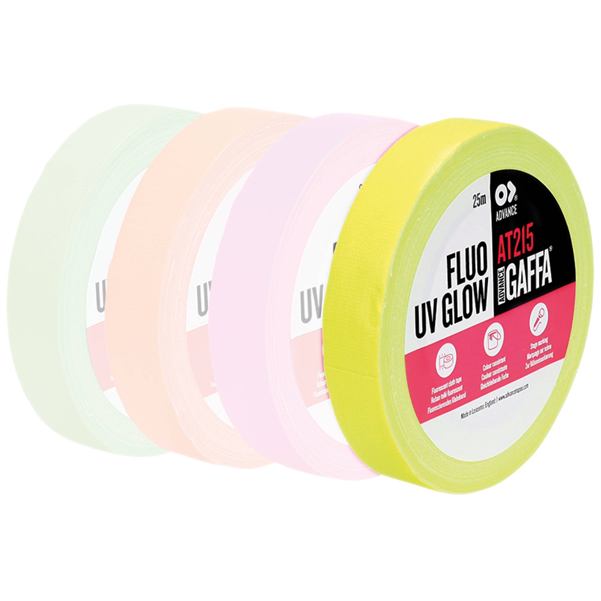 Ein Satz von vier Rollen farbigen Klebebands, einschließlich Neongelb, Pink, Weiß und Pfirsich, gekennzeichnet als 'Fluo UV Glow AT215 Fluoro Gaffa.