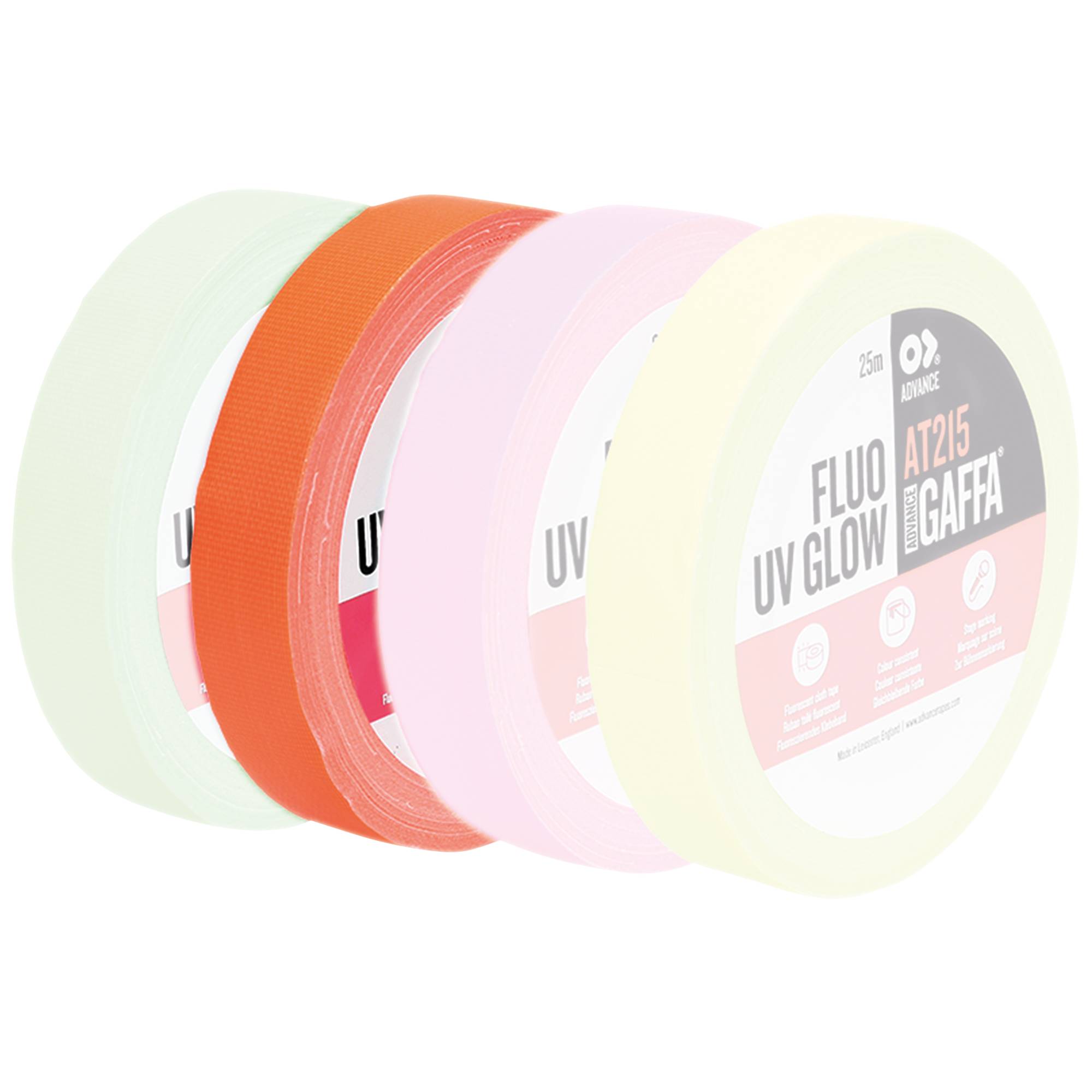 Drei Rollen Klebeband in Weiß, Orange und Pink, mit der Aufschrift 'Fluo UV Glow' von Advance Gaffa, die verschiedene Farboptionen zeigen.