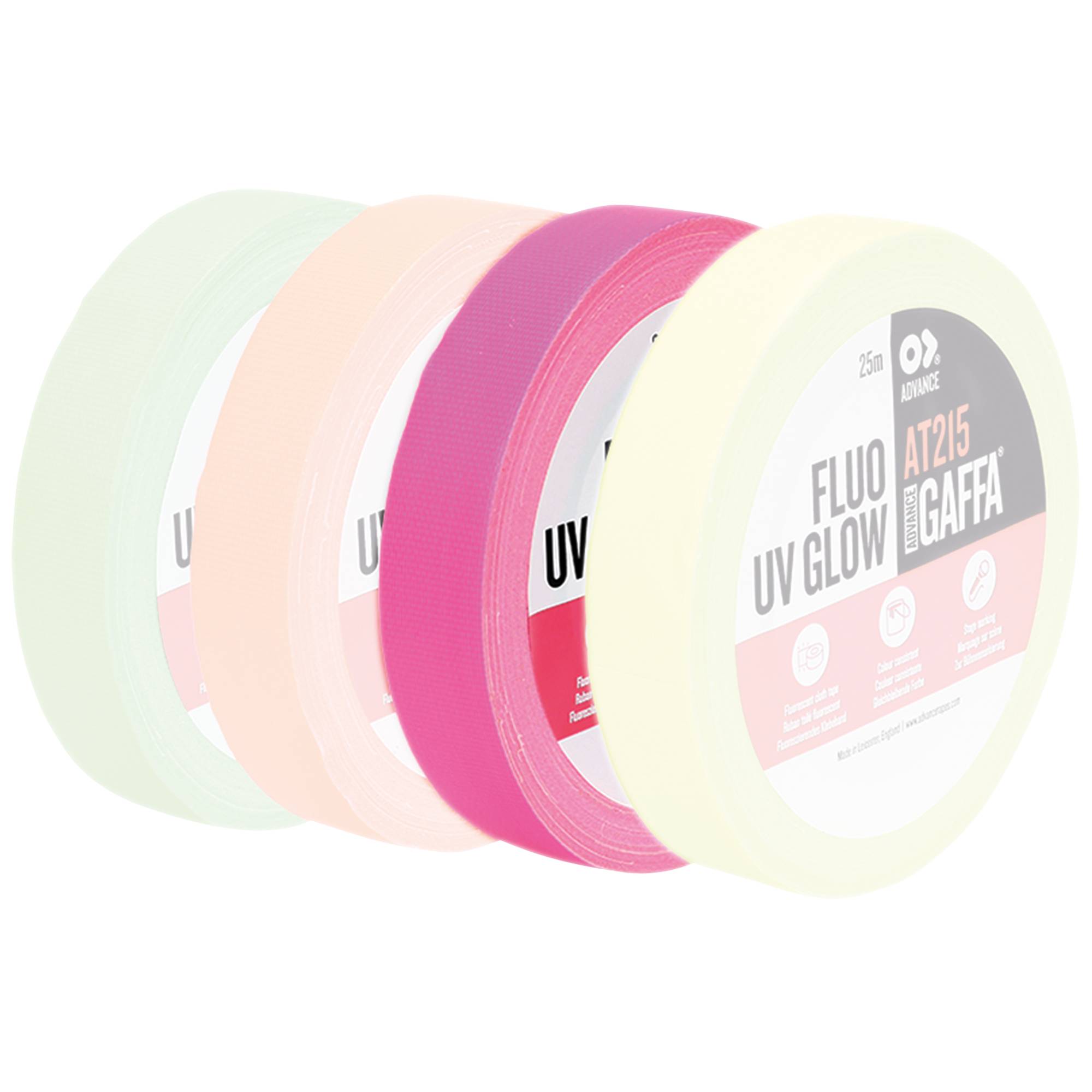 Drei Rollen fluoreszierendes UV-Glow-Klebeband in Grün, Pink und Weiß. Sie sind mit 'AT215 Fluorescent Gaffa' Etiketten versehen.