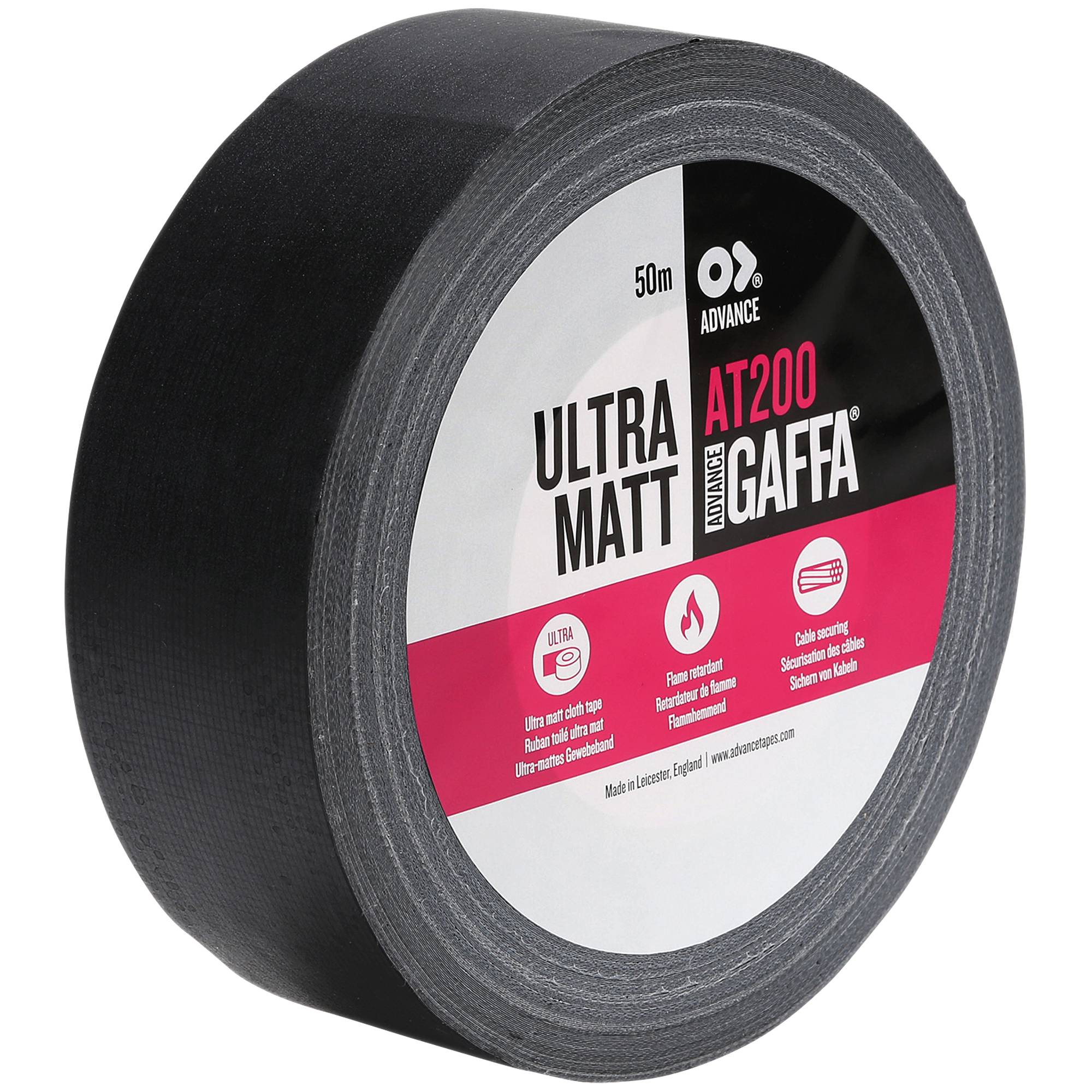 Eine Rolle schwarzes Gaffa-Klebeband mit der Bezeichnung 'Ultra Matt AT200', 50m Länge, mit Eigenschaften wie matter Oberfläche und haltbarer Klebkraft.