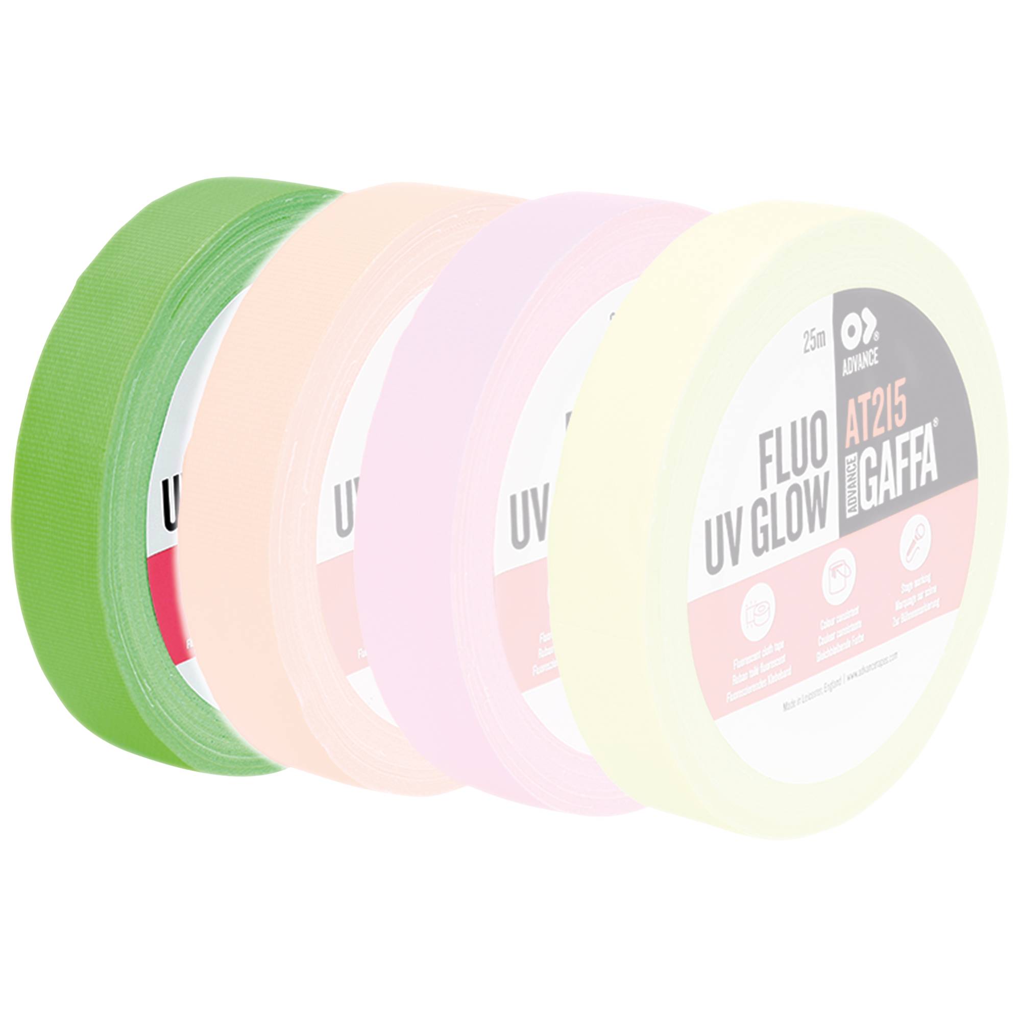 Vier Rollen farbiges Klebeband: grün, pink, weiß und gelb, diagonal angeordnet. Jede Rolle ist mit 'FLUO UV GLOW' und 'AT215 GAFFA' beschriftet.