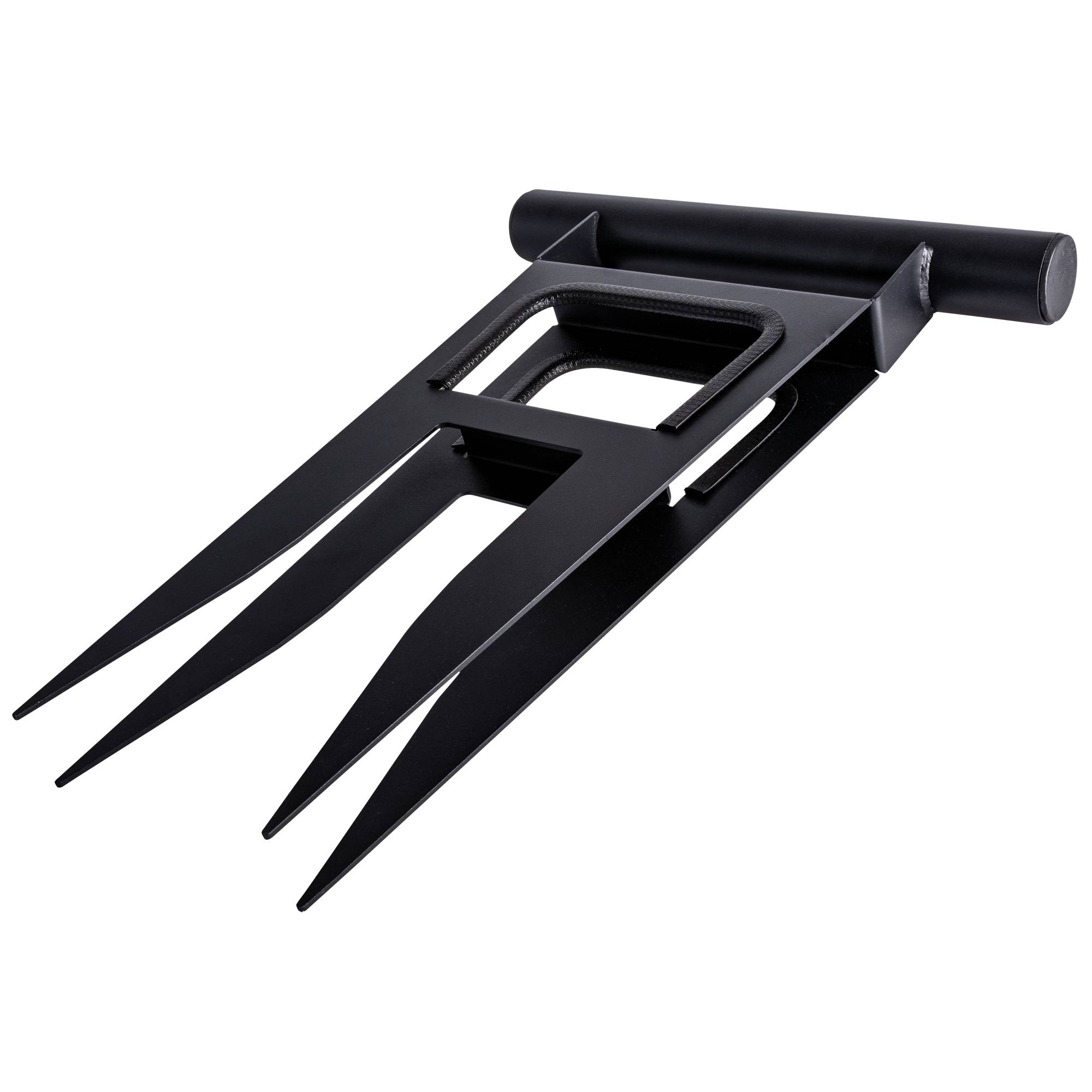 Eine schlanke schwarze Metallgabel für Rennräder, die für optimale Stabilität und Leistung konzipiert ist und ein minimalistisches Design mit zwei länglichen Zinken aufweist.