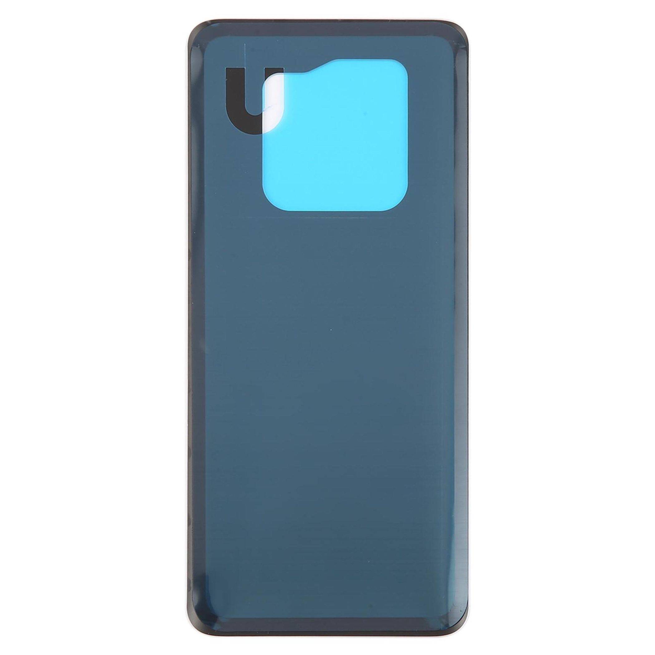 Eine Handyrückseite mit einem blauen quadratischen Ausschnitt für den Kamerabereich und einem dunklen Design.