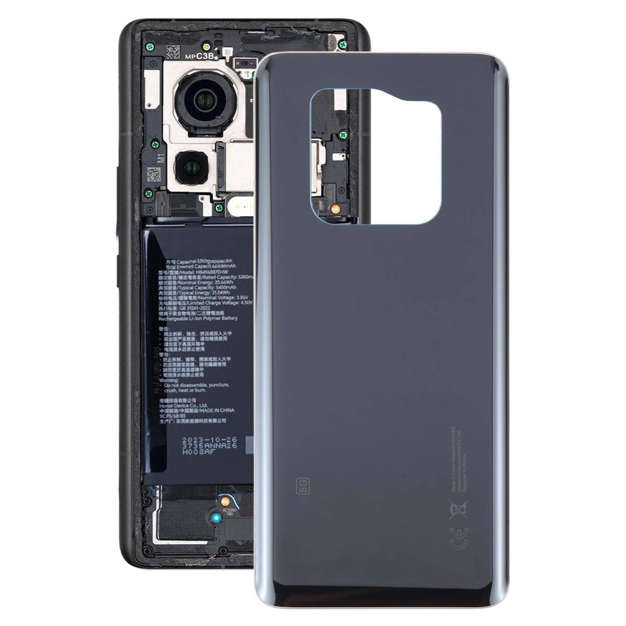 Ein Mobiltelefon mit abgenommenem Rückendeckel, der den Akku, die Dual-Kameraobjektive und die internen Komponenten freilegt.