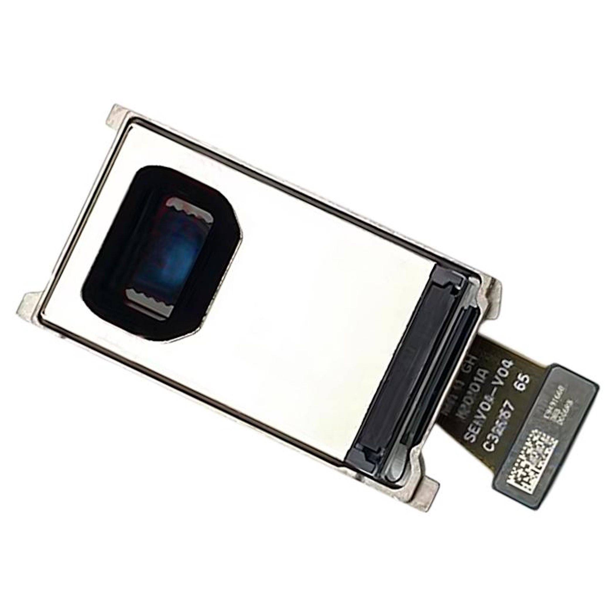 Eine Nahaufnahme eines Periskop-Zoomobjektivmoduls für ein Smartphone, das die rechteckige Form des Objektivs und das Verbindungsflex-Kabel zeigt.