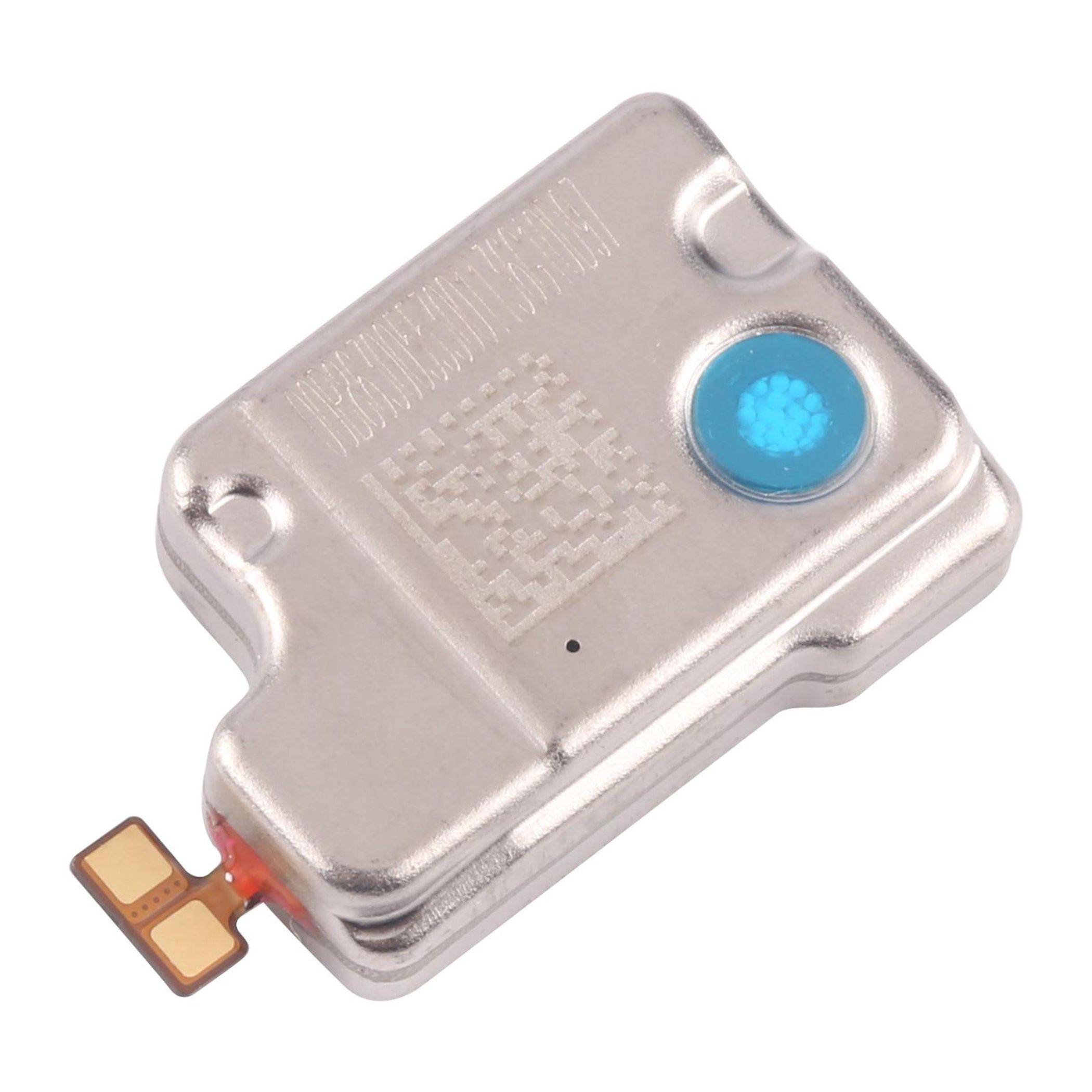 Ein kleines rechteckiges Sensormodul mit einem Metallgehäuse, das eine blaue kreisförmige Komponente und einen flexiblen orangefarbenen Anschlussreiter aufweist.