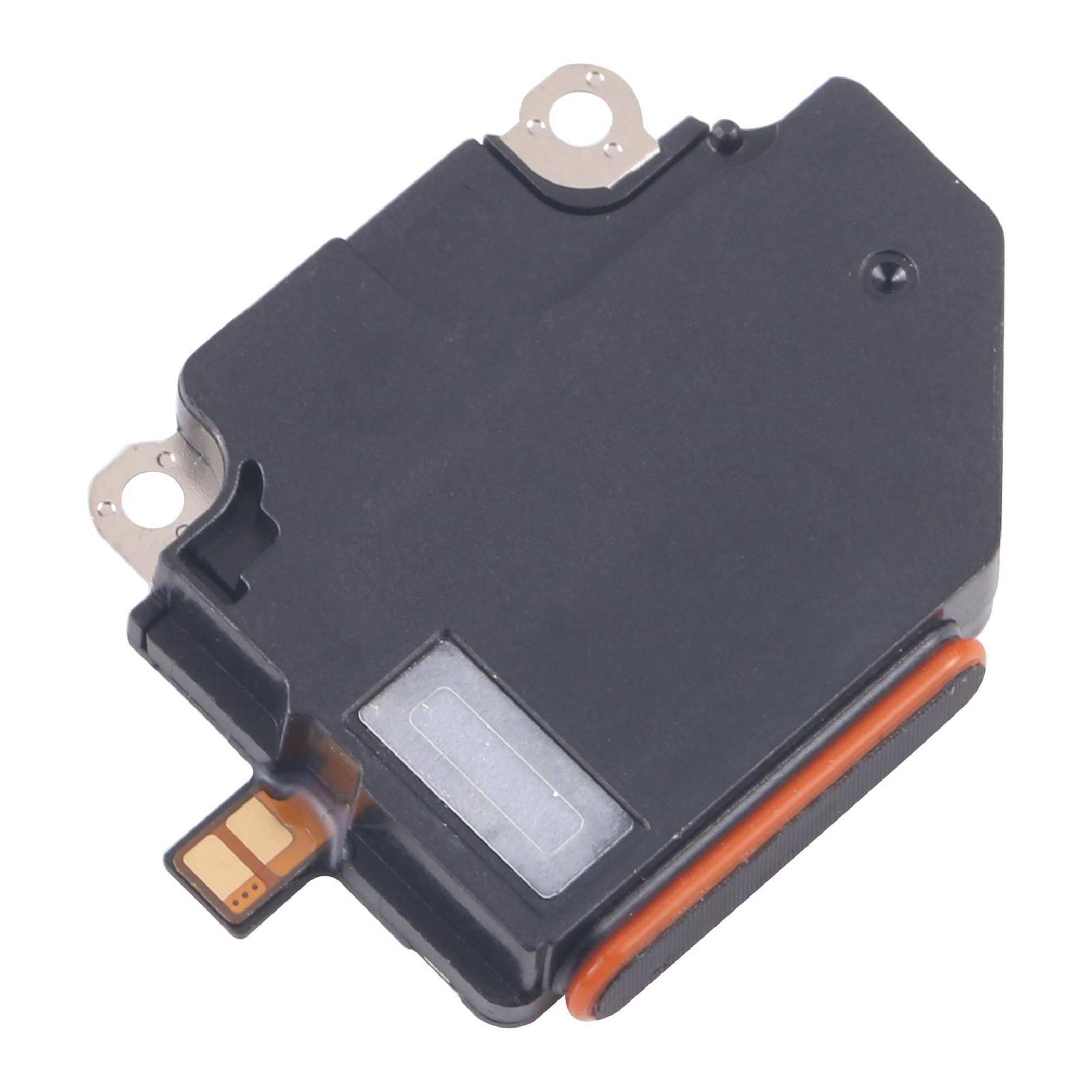 Eine kleine, schwarze rechteckige elektronische Komponente mit sichtbarem Anschluss und metallischen Kontaktpunkten, die wahrscheinlich in elektronischen Geräten verwendet wird.