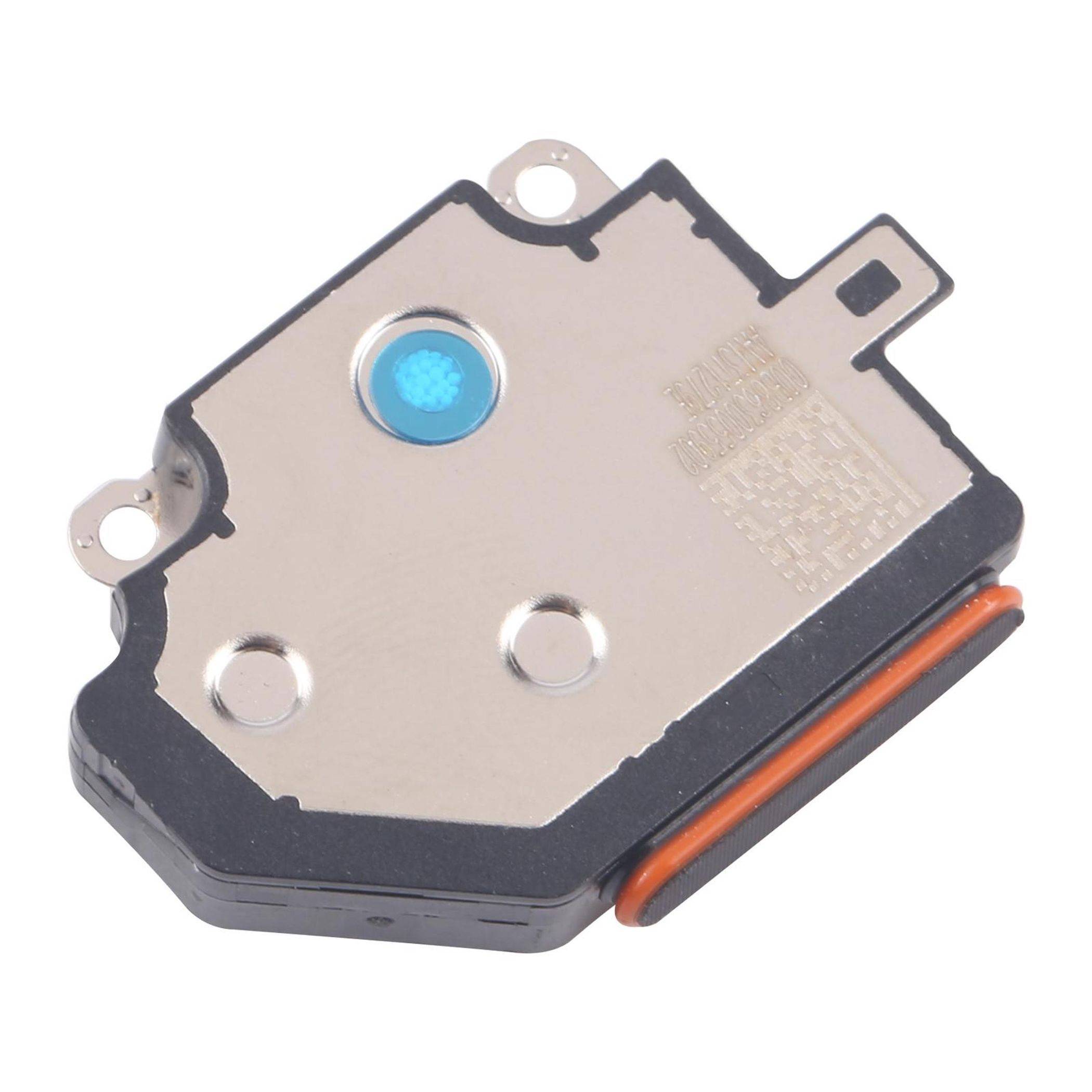 Eine kleine metallische Elektronikkomponente mit einer blauen Scheibe in der Mitte, mit mehreren Befestigungslöchern und einem rechteckigen Befestigungsbereich.