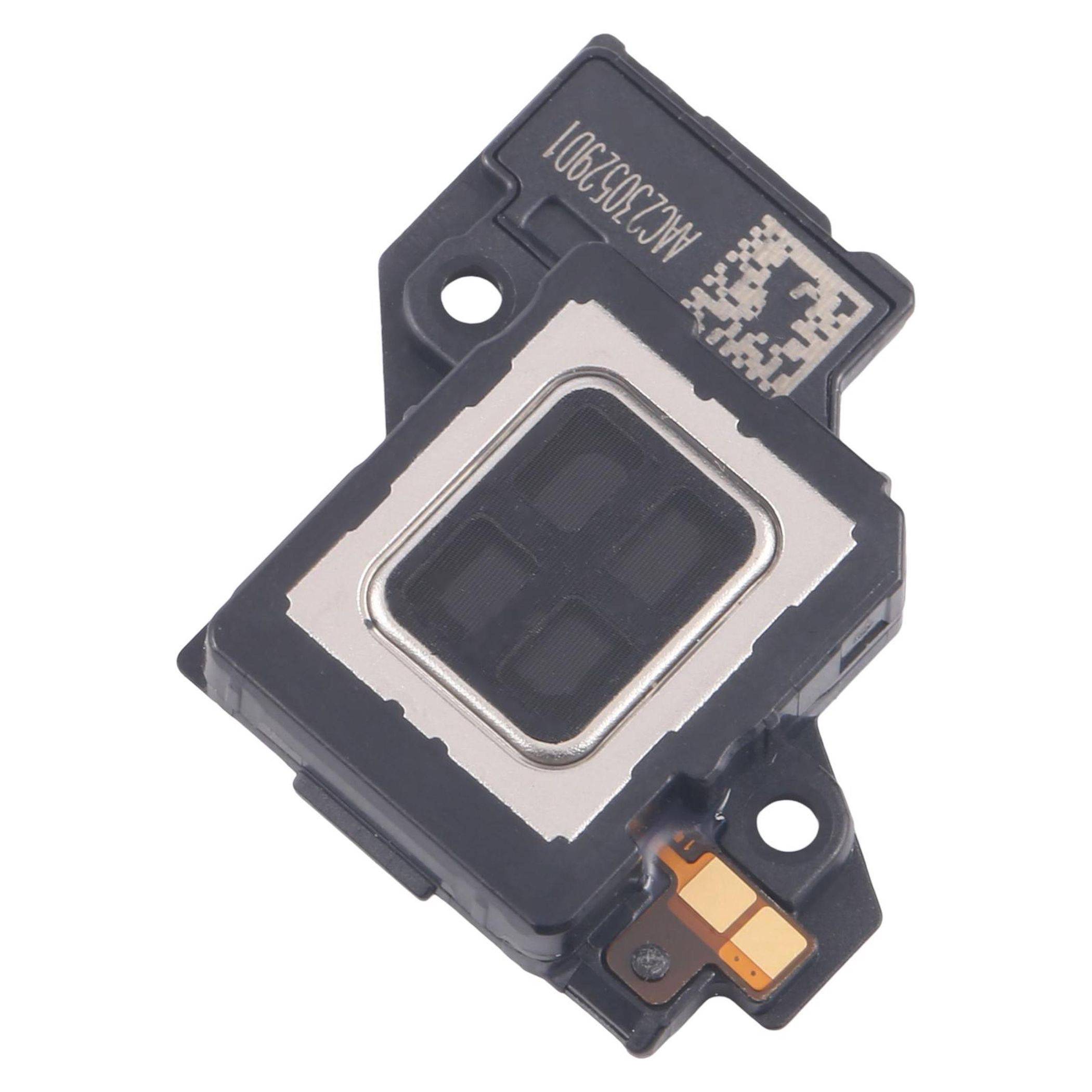 Ein Smartphone-Ohrhörer-Lautsprecher-Modul mit einem rechteckigen metallischen Zentrum und einem schwarzen Kunststoffgehäuse, verwendet für Audioausgabe in mobilen Geräten.