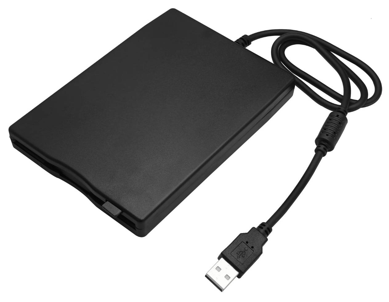 Ein schwarzes externes USB-Diskettenlaufwerk mit angeschlossenem Kabel, das zum Lesen und Schreiben von 3,5-Zoll-Disketten verwendet wird.