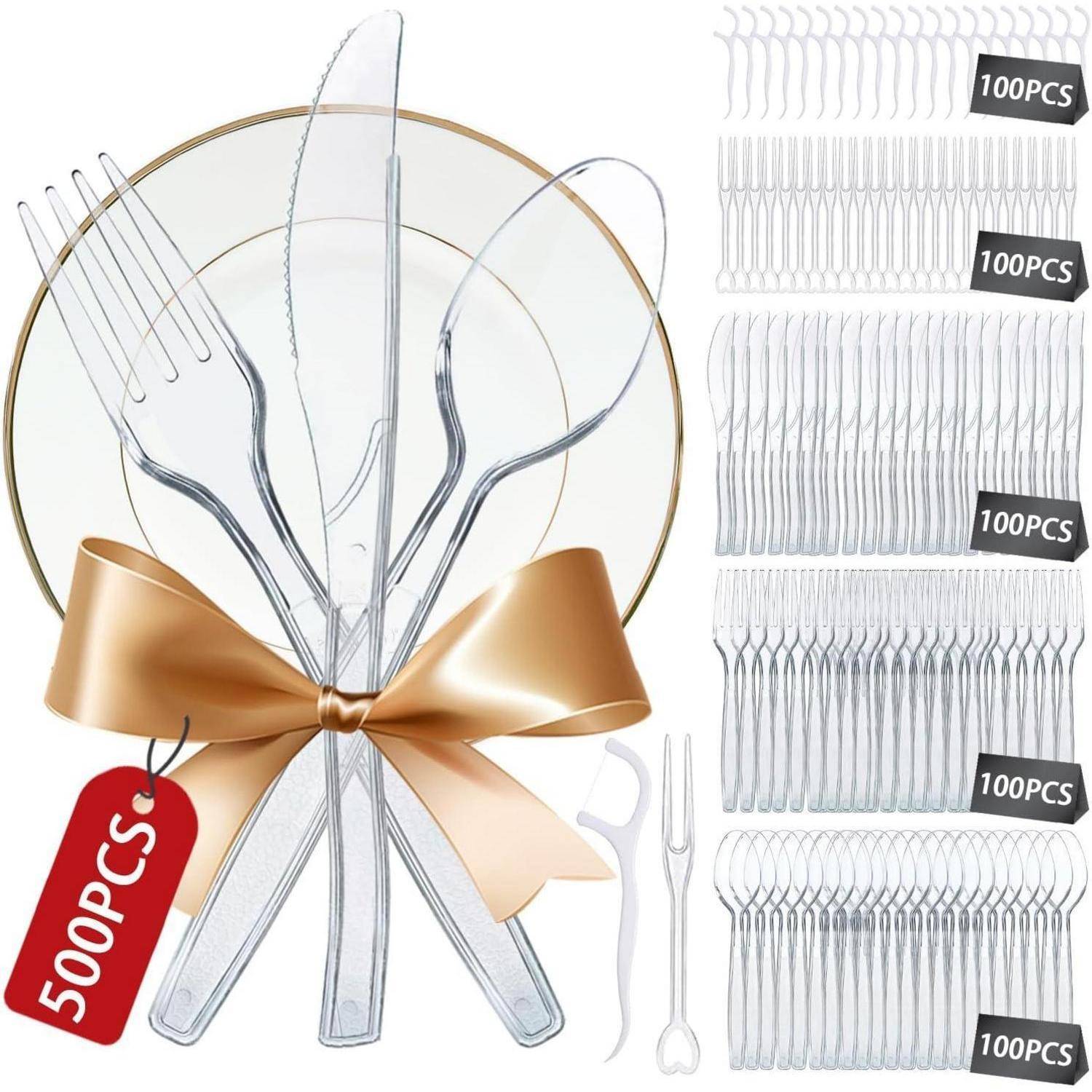 Besteck- und Tellerset aus Kunststoff mit goldener Schleife und rotem 500-teiligen Etikett. Enthält Gabeln, Messer, Löffel, jeweils in 100er-Packungen.