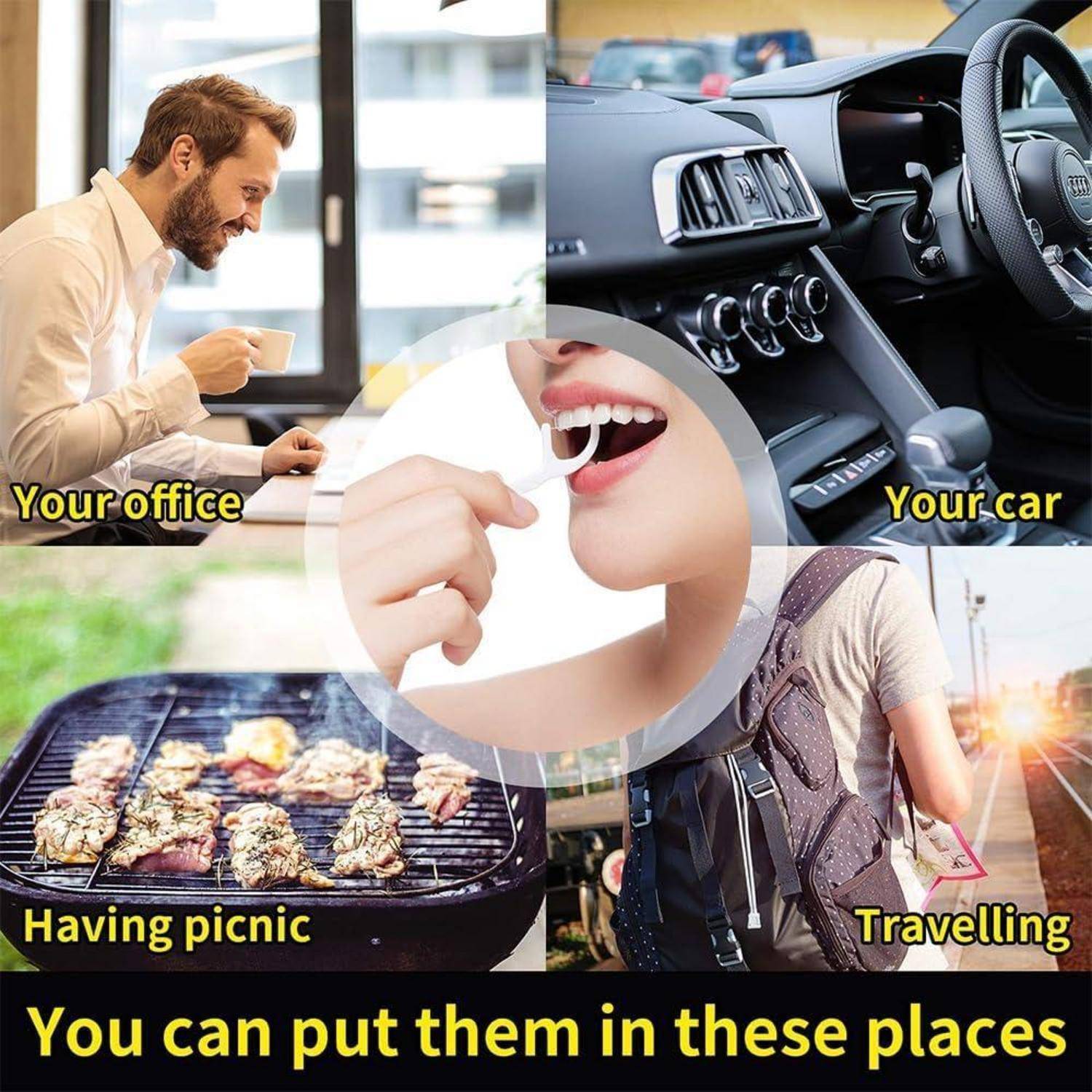 Bildcollage von vier verschiedenen Umgebungen: Ein Mann in einem Büro, ein Autoinneres, Essen auf einem Picknicggrill und eine Person mit einem Rucksack. Jede Szene deutet an, wo ein Produkt (jemand, der ein Tablet nimmt) verwendet werden kann. Text: 