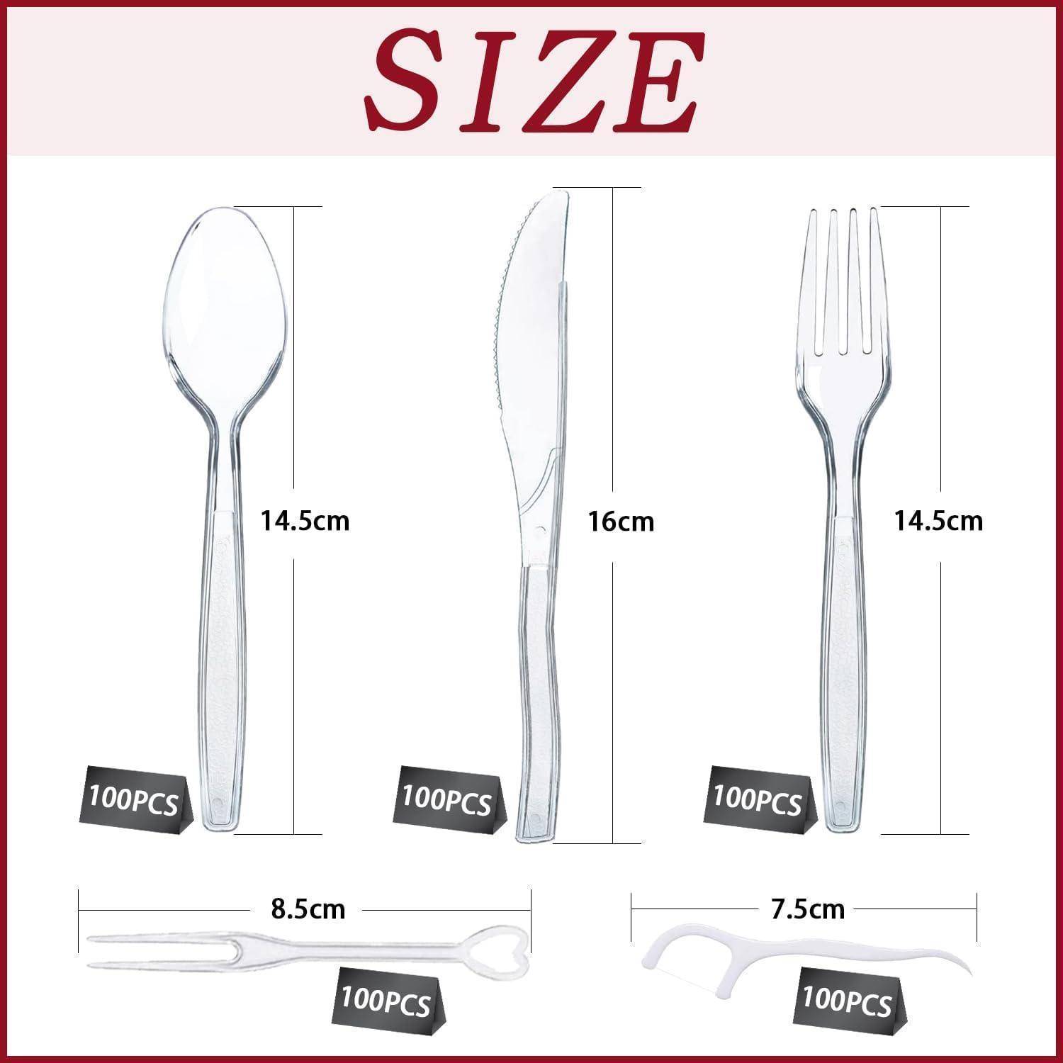 Das Bild zeigt die Größe des Bestecks: Löffel (14,5 cm), Messer (16 cm), Gabel (14,5 cm) und Besteck (8,5 cm-7,5 cm), jeweils mit der Beschriftung '100PCS'.