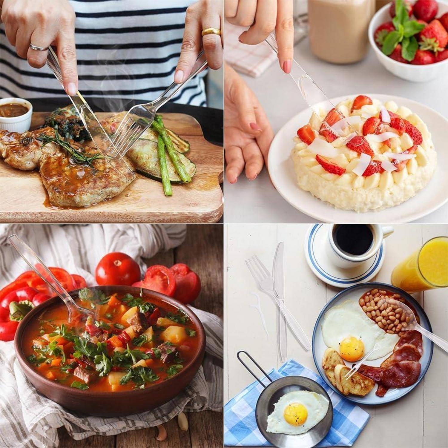 Eine Collage aus vier Arten von Mahlzeiten, einschließlich Steak mit Spargel, Erdbeeren mit Dessert, einem Gemüseeintopf und einem traditionellen Frühstück.