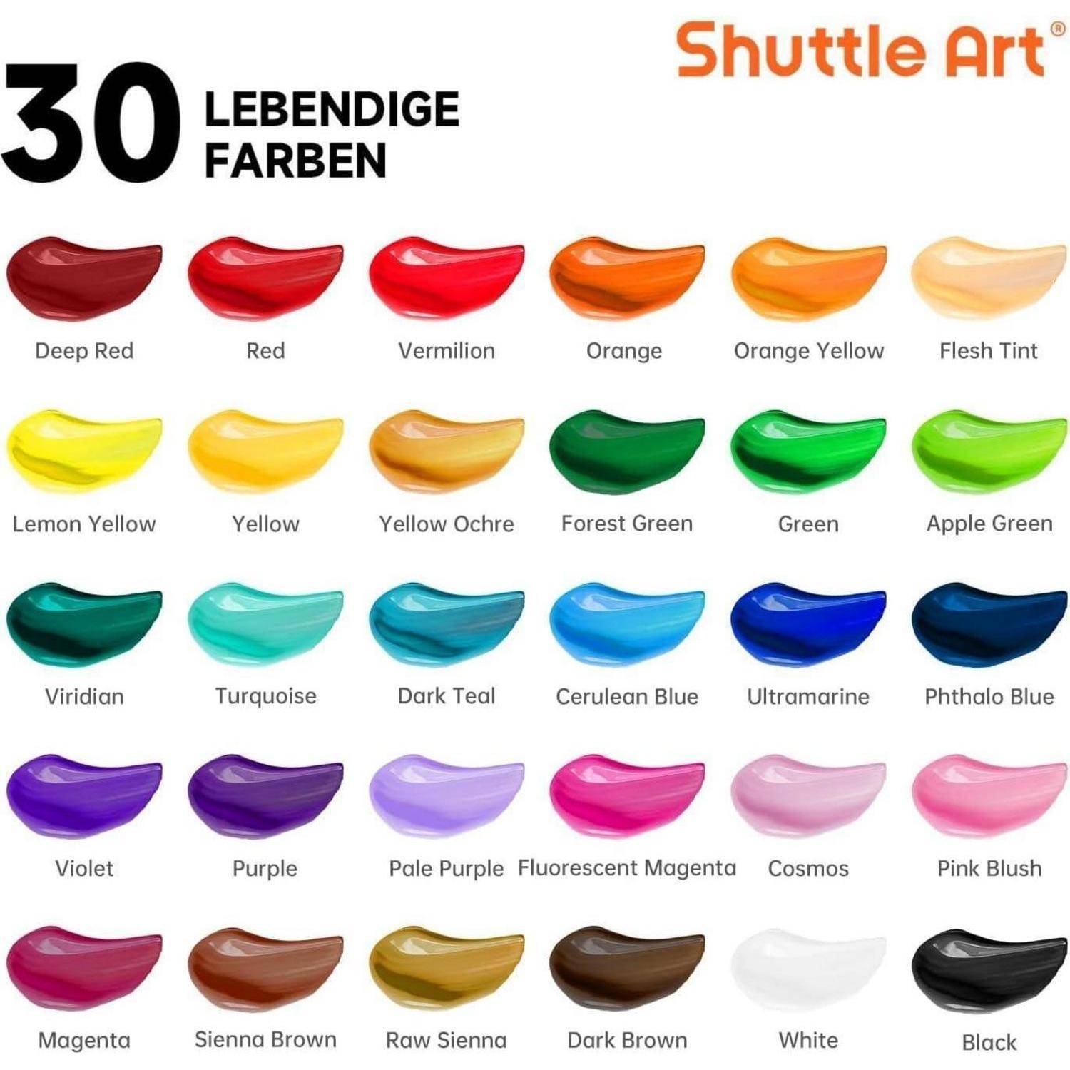 30 Lebendige Farben' von Shuttle Art: Farbpalette zeigt verschiedene Schattierungen wie Rottöne, Grüntöne, Blautöne und Violetttöne.