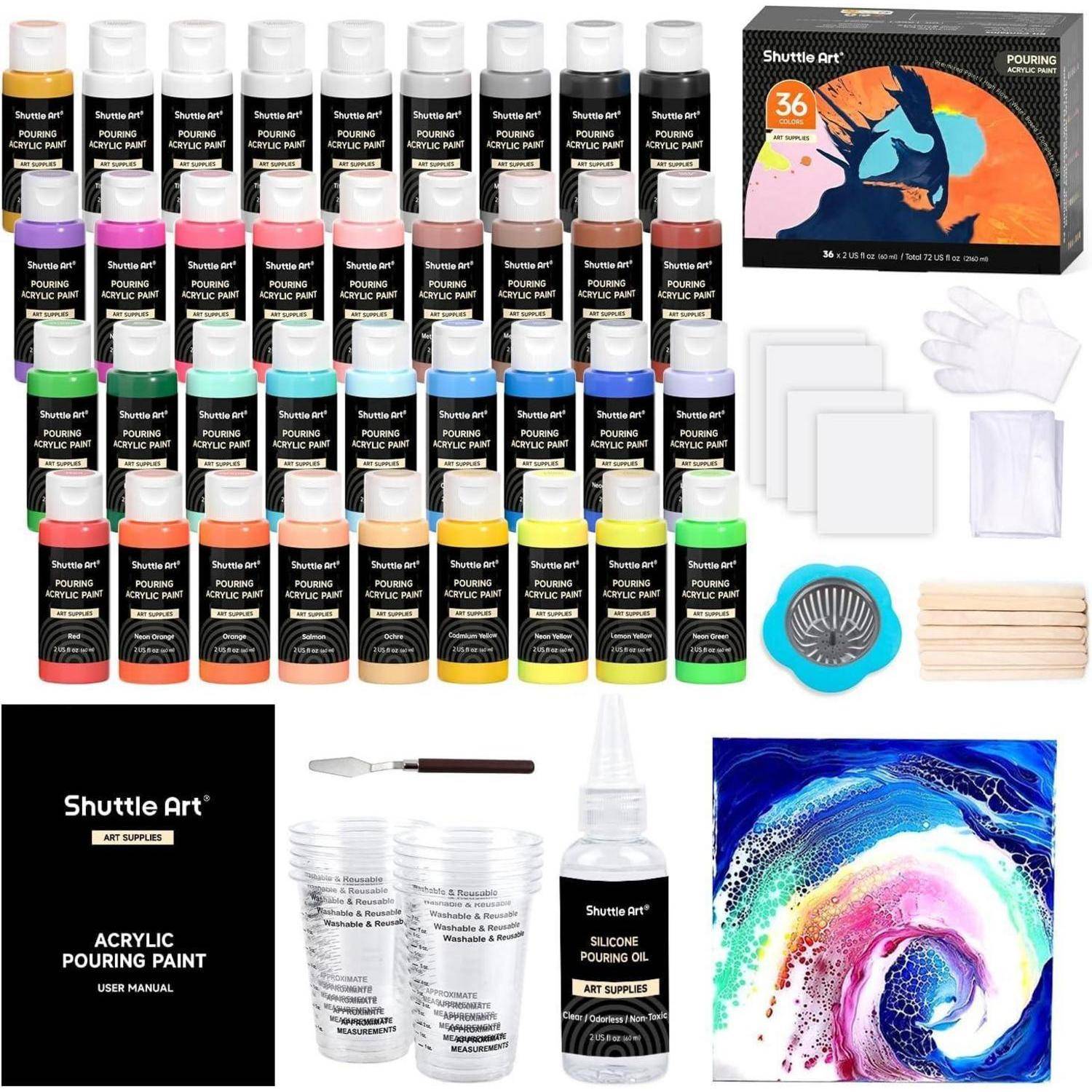 Acryl-Gießset enthält 36 farbenfrohe Flaschen, Silikonöl, Mischutensilien, Leinwände und Bedienungsanleitung. Ideal für Kunstprojekte.