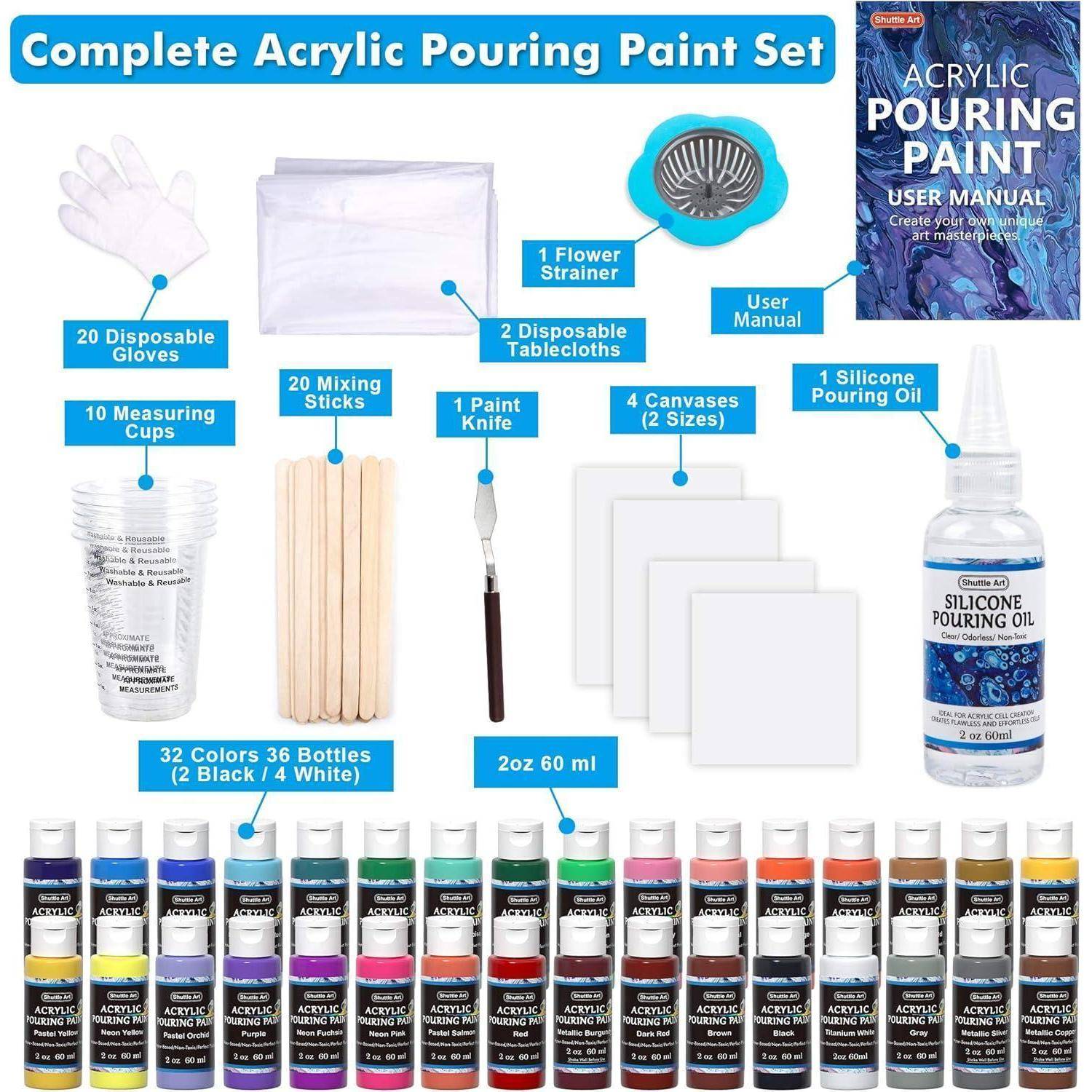 Komplettes Acryl-Pouring-Farbset' enthält Farben, Silikonöl zum Pouring, Leinwand, Handschuhe, Becher, Stäbe, Messer, Tischdecken und Sieb.