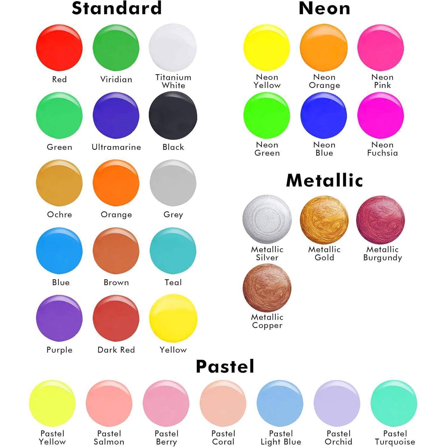 Farbpalette mit vier Kategorien: Standard, Neon, Metallic und Pastell, die jeweils eine Reihe von Farben mit Beschriftungen anzeigt.
