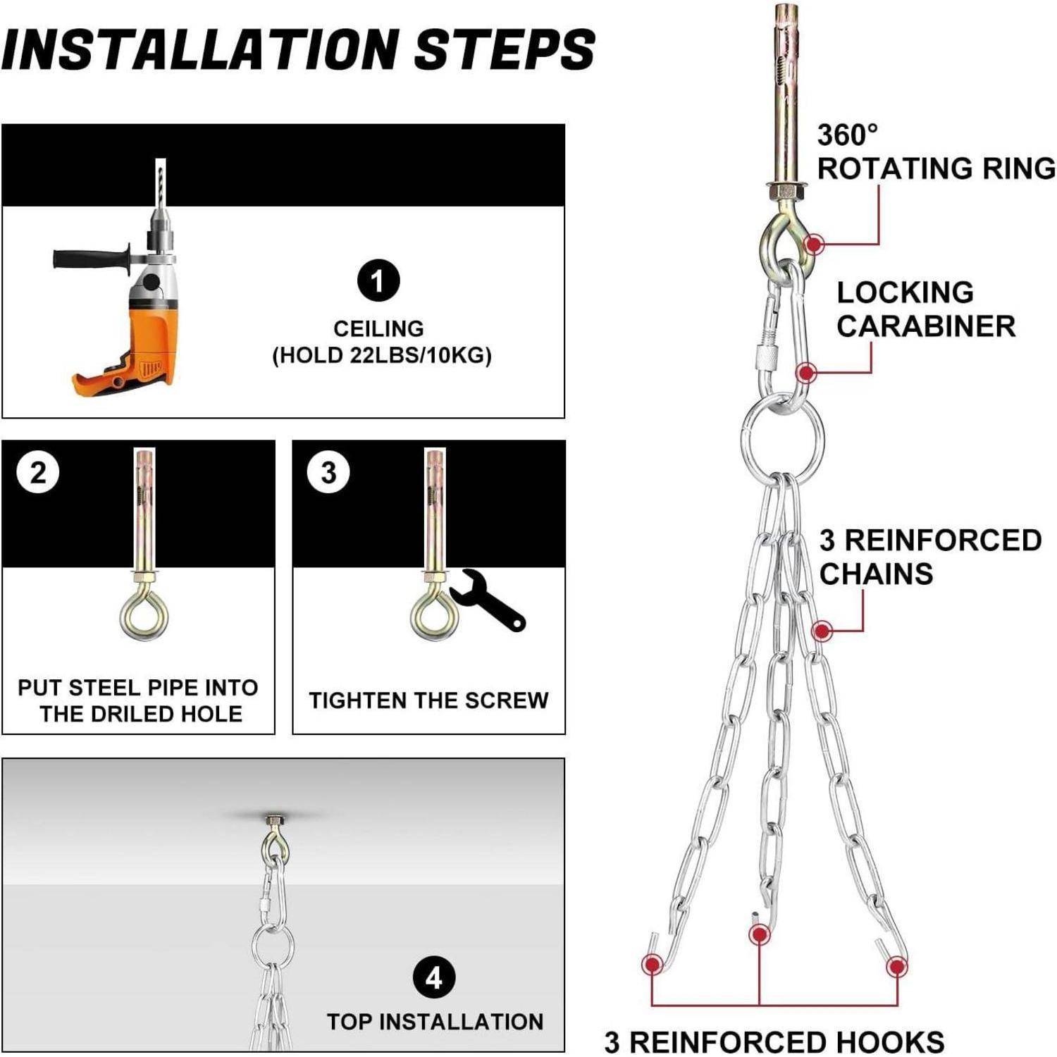 Installationsschritte: 1. Rohr mit 22lbs/10kg festhalten. 2. Rohr in Deckenring einsetzen. 3. Schraube festziehen. 4. Obere Installation abschließen. Eigenschaften: 360°-Drehring, Karabinerhaken mit Verriegelung, 3 verstärkte Ketten und Haken.