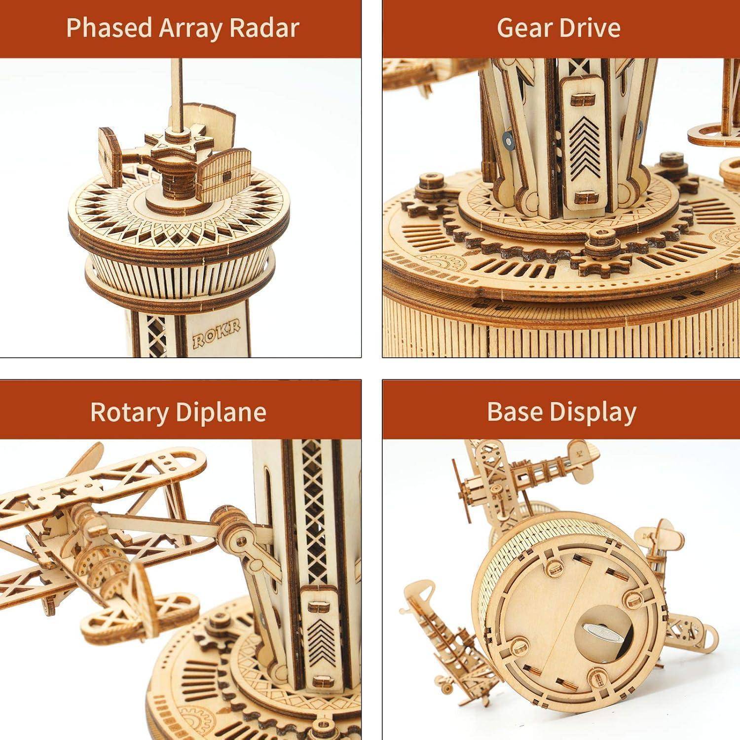 Holzmechanische Modelle: Phased-Array-Radar, Getriebeantrieb, Rotations-Doppeldecker, Basis-Display.