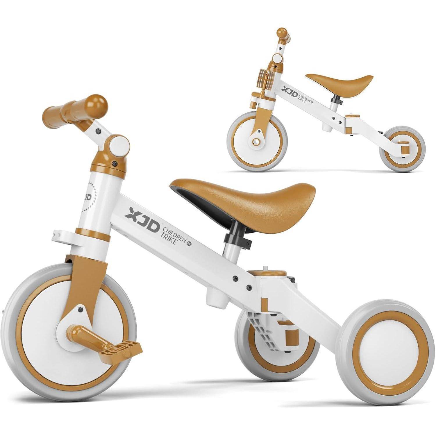 Laufrad für Kleinkinder in Weiß und Beige, ausgestattet mit verstellbarem Sattel und Lenkrad, mit zwei großen Rädern und einem kleinen Stützrad.